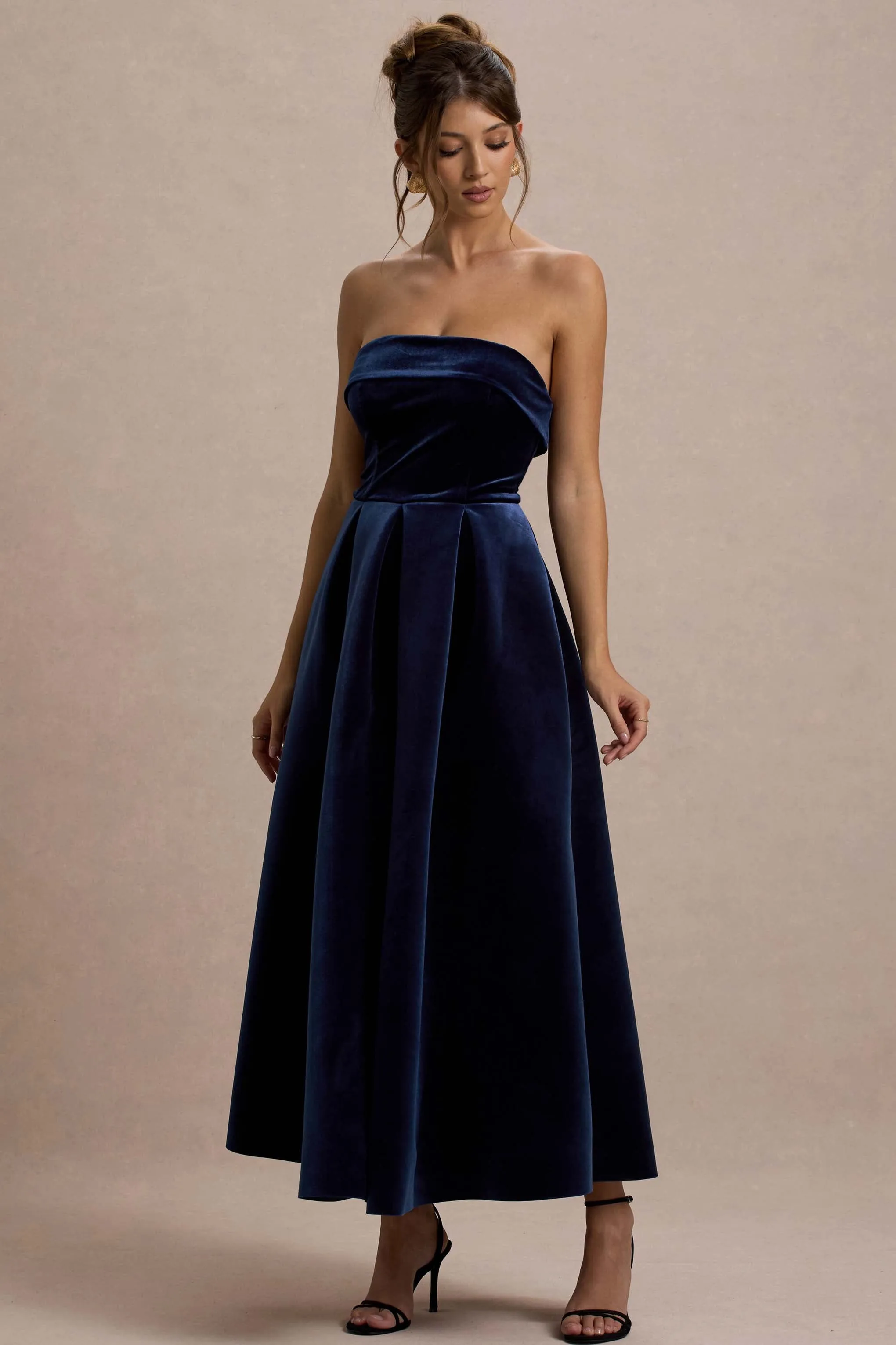 Addina | Navy Velvet Bandeau Skater Midi Dress