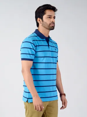 Aqua Blue Striped Slim Fit Polo T-shirt | Greenfibre