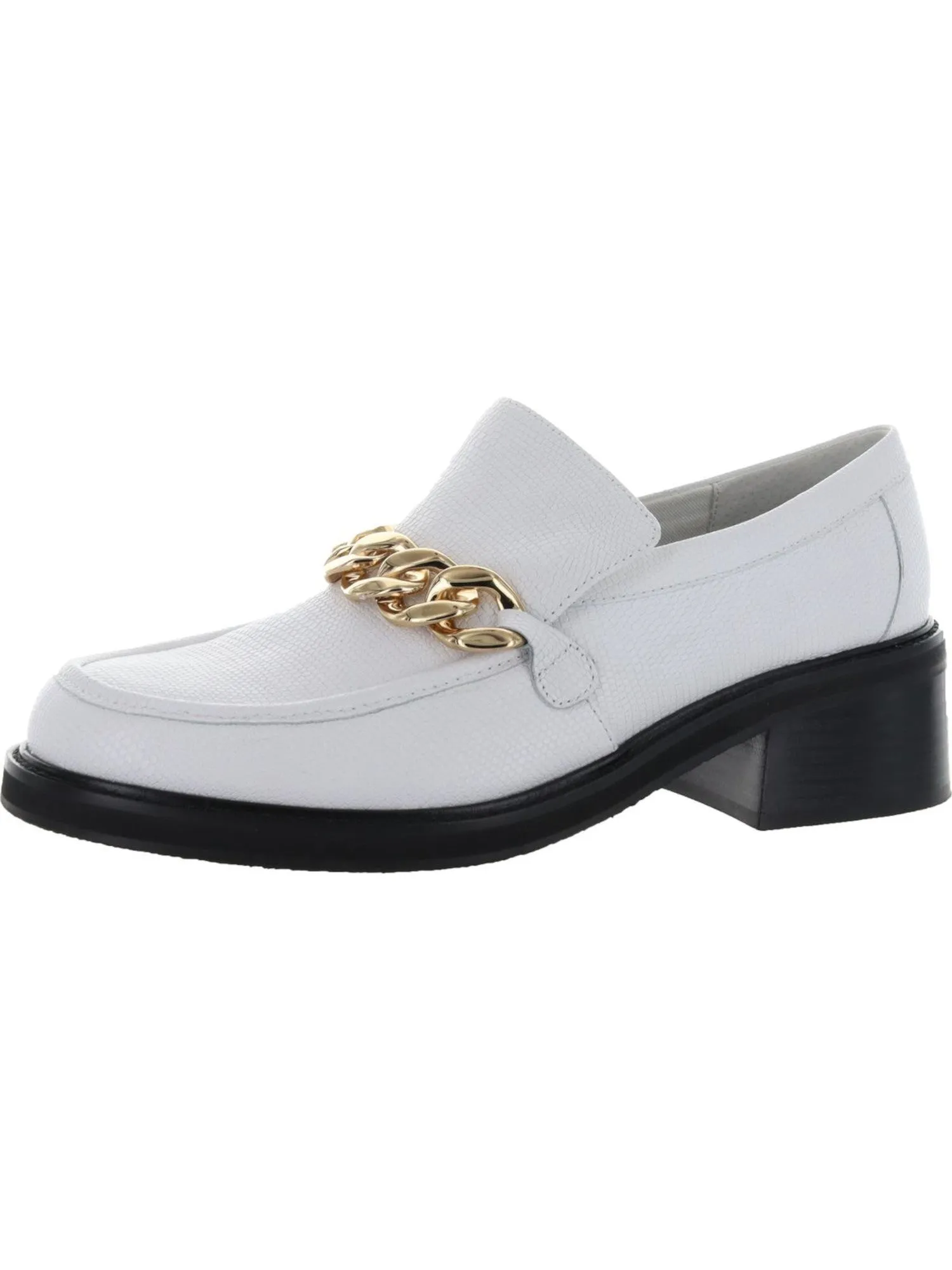 AQUA Womens White Lizard Embossed Chain Comfort Lena Round Toe Block Heel Slip On Leather Heeled Loafers