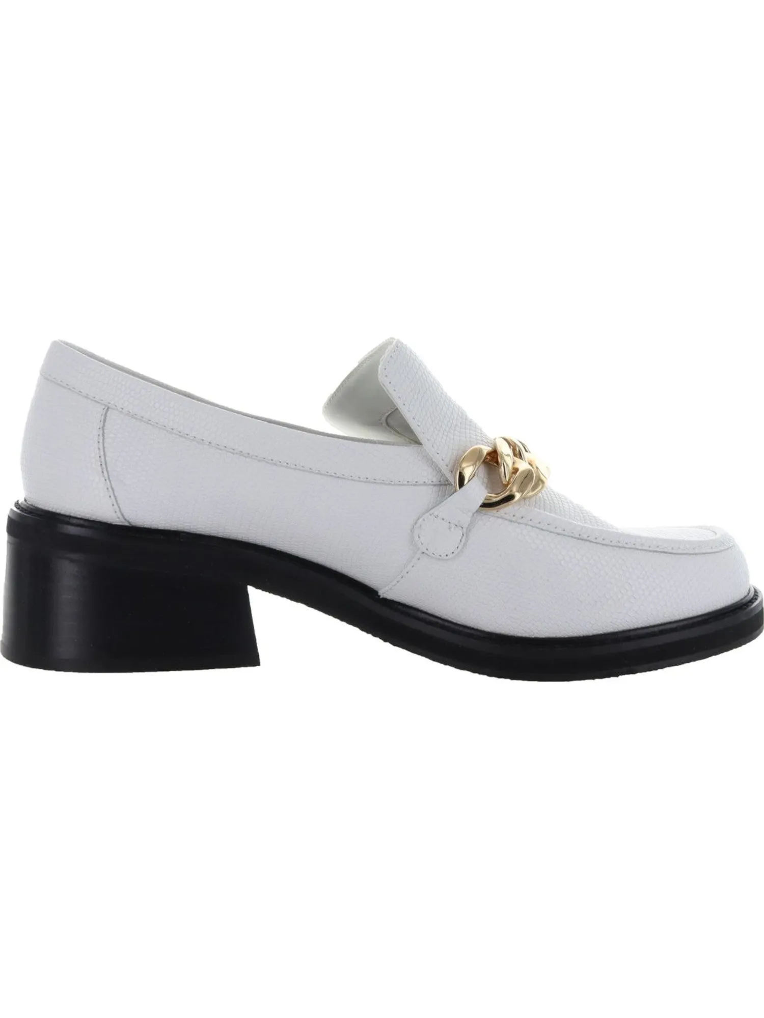 AQUA Womens White Lizard Embossed Chain Comfort Lena Round Toe Block Heel Slip On Leather Heeled Loafers