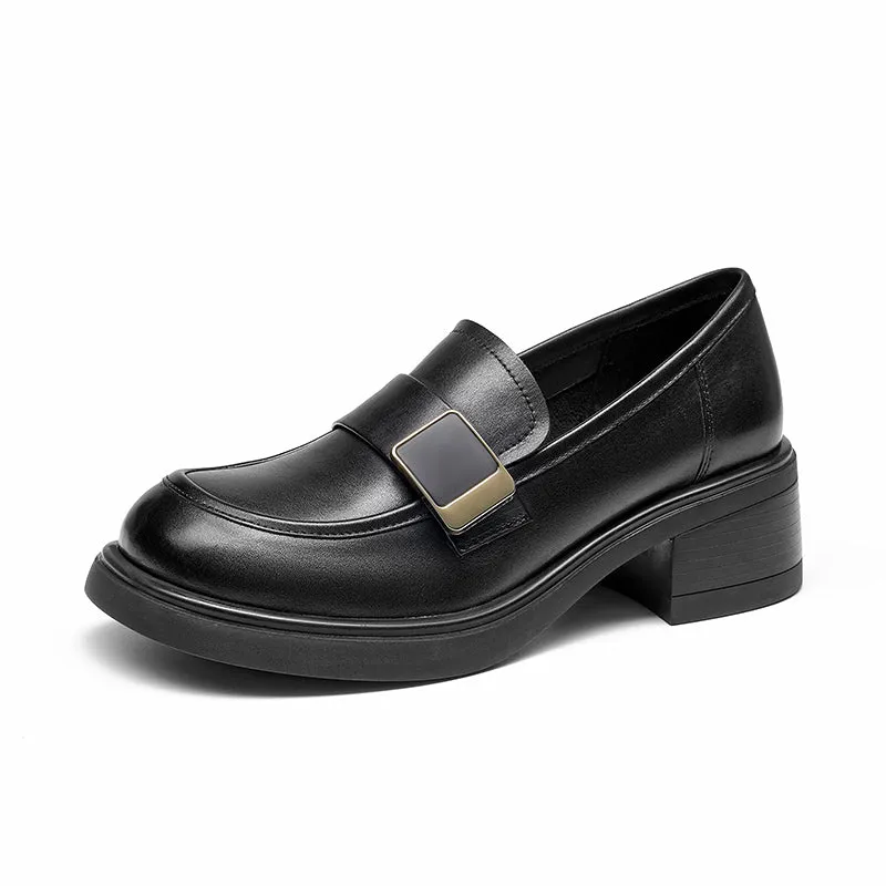 Beautoday  Women Genuine Cow Leather Buckle Chunky Loafers