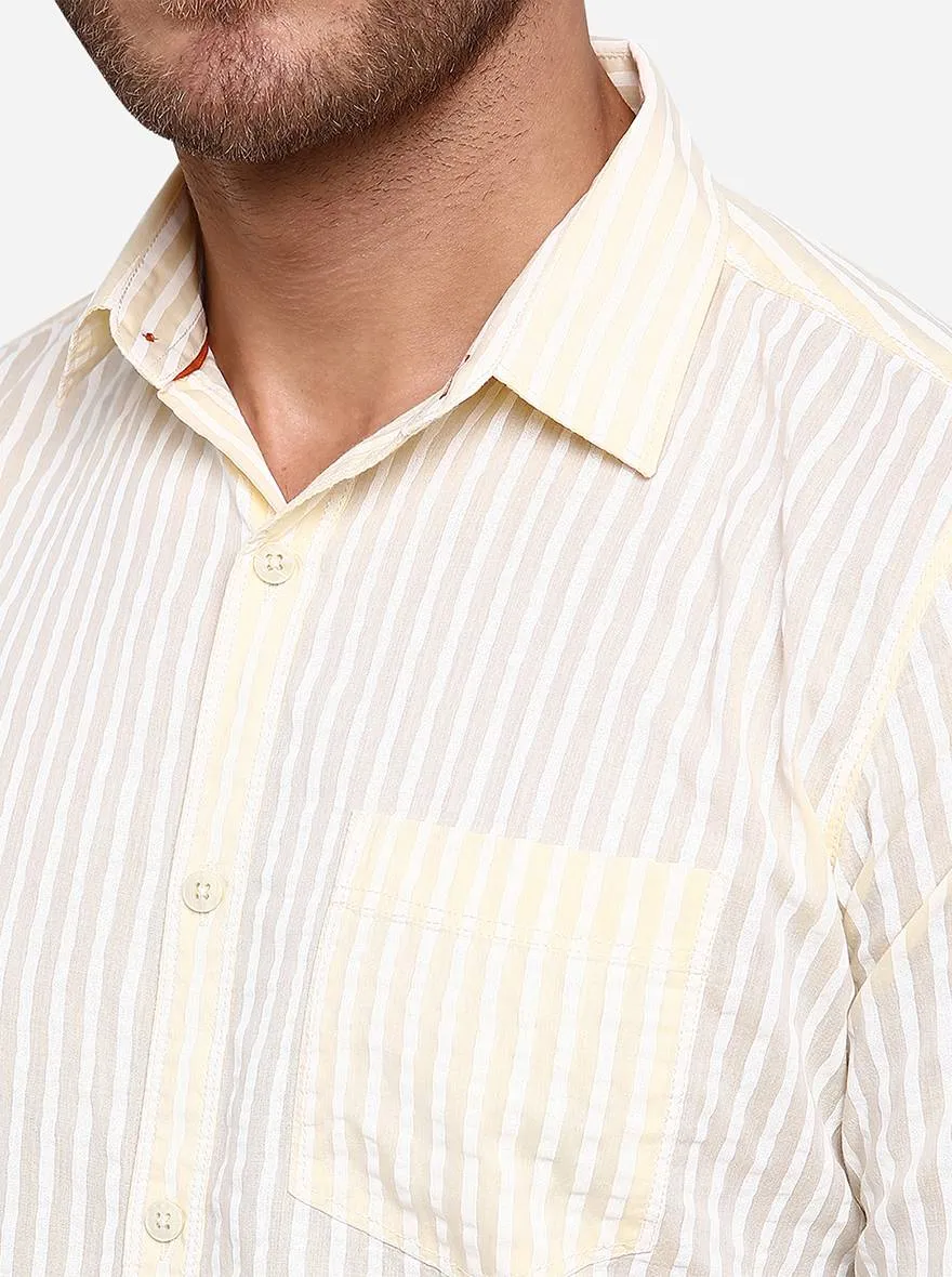 Beige & White Striped Slim Fit Casual Shirt | JadeBlue