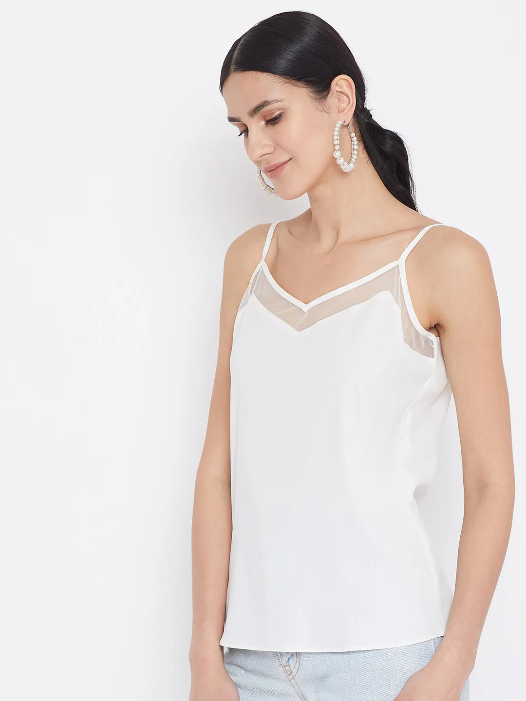 Berrylush Women Solid White V-Neck Sheer Top