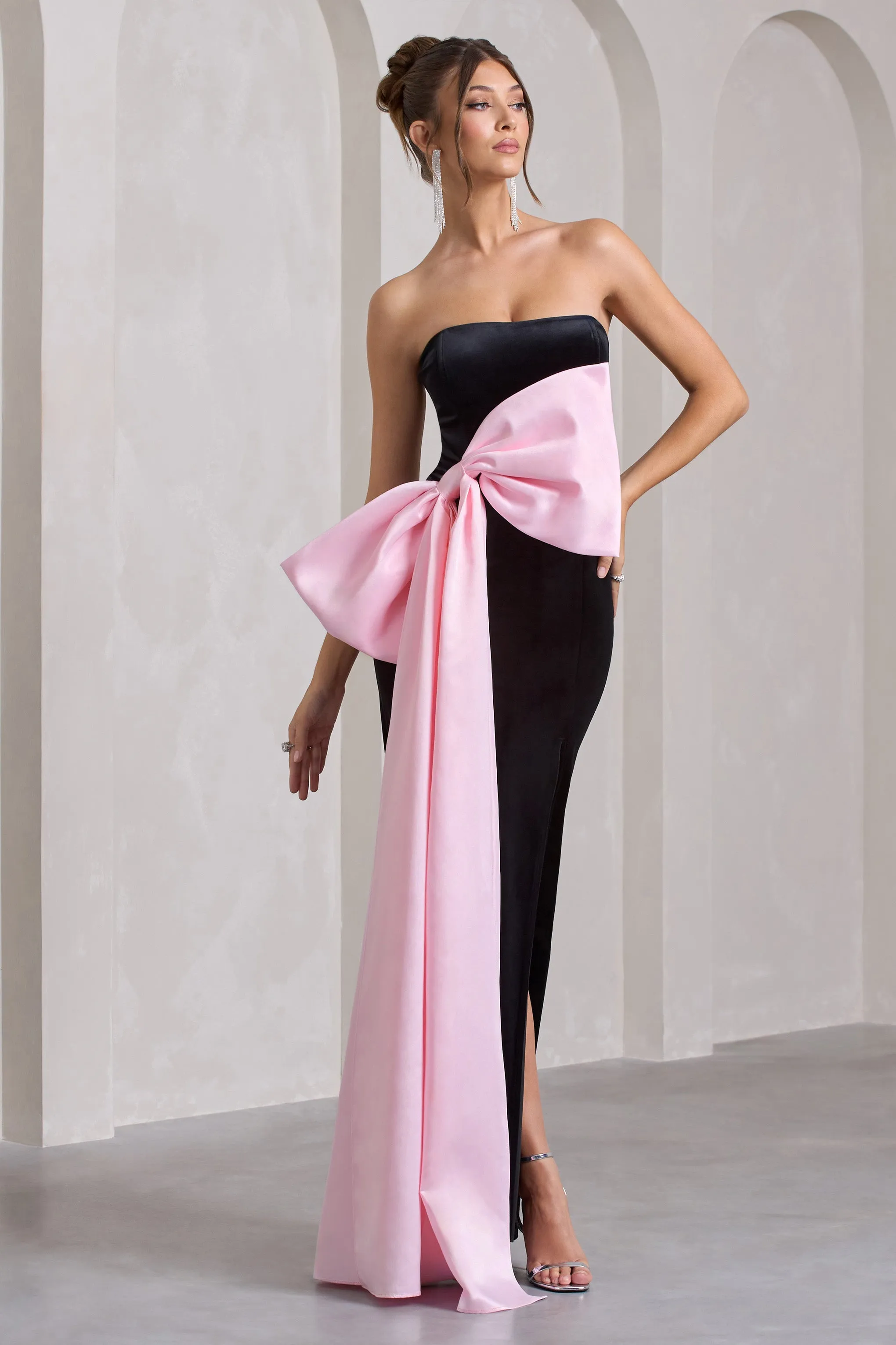 Best Wishes | Black Velvet Bandeau Split Maxi Dress With Oversized Pink Bow