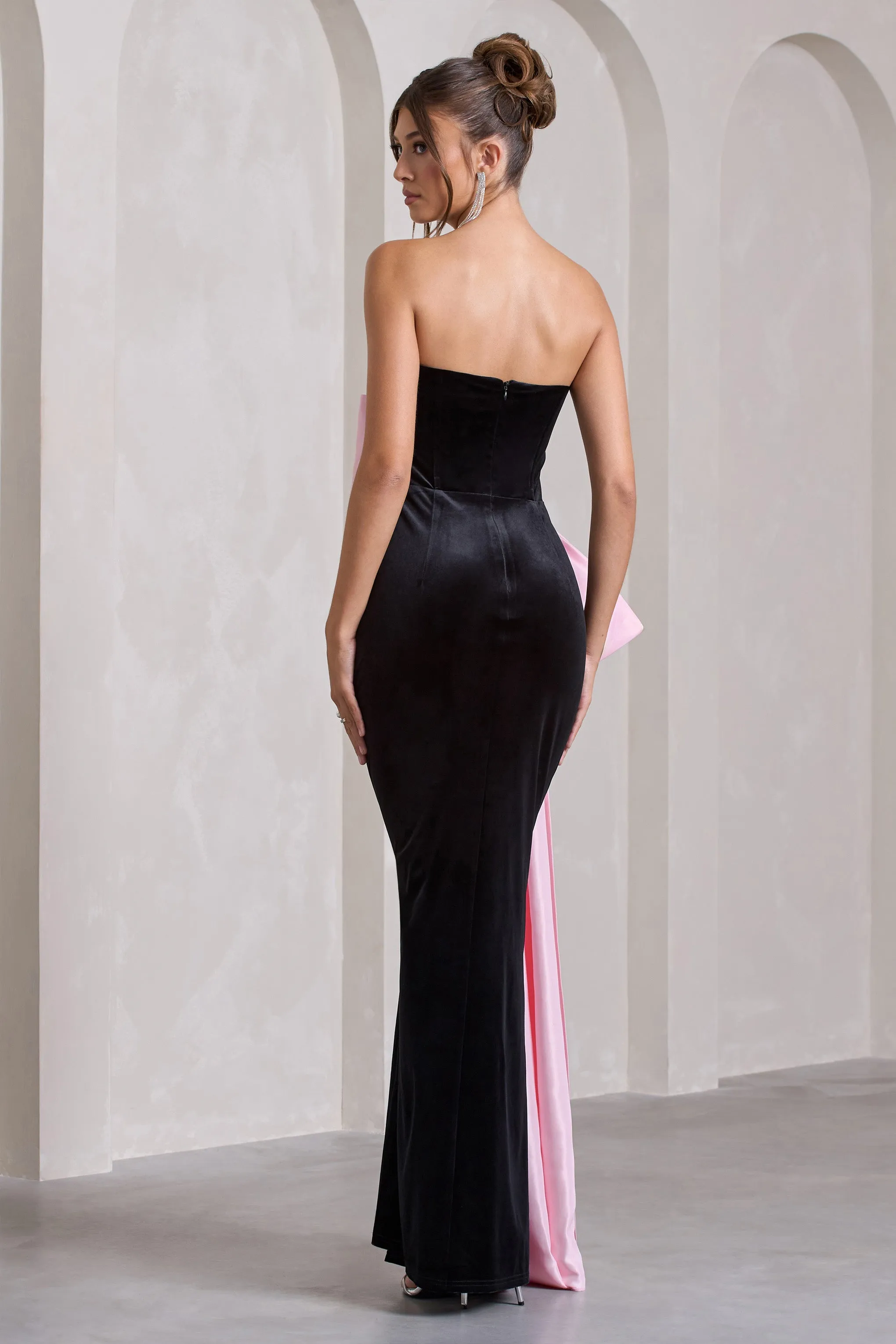 Best Wishes | Black Velvet Bandeau Split Maxi Dress With Oversized Pink Bow