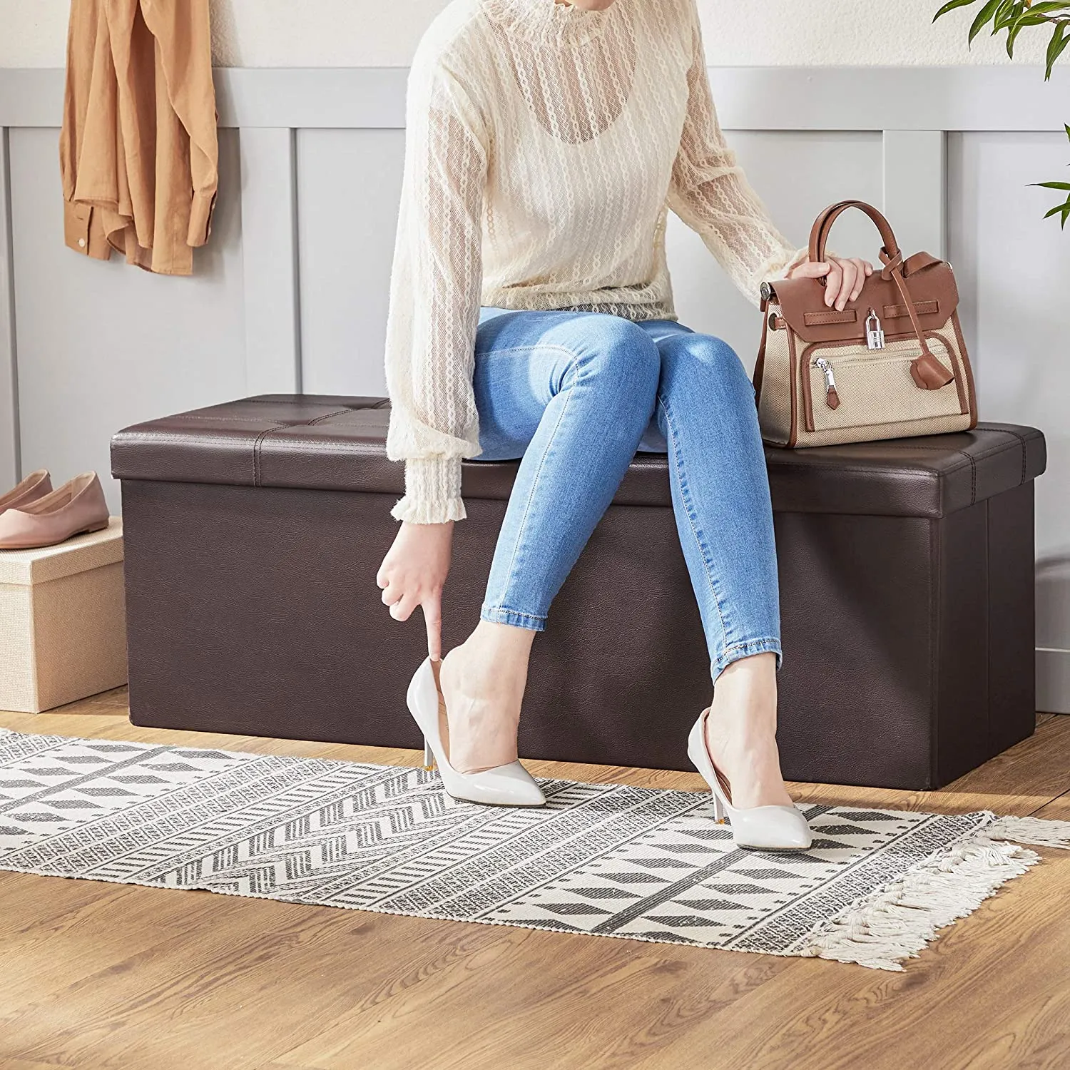 Brown Foldable Storage Ottoman Bench