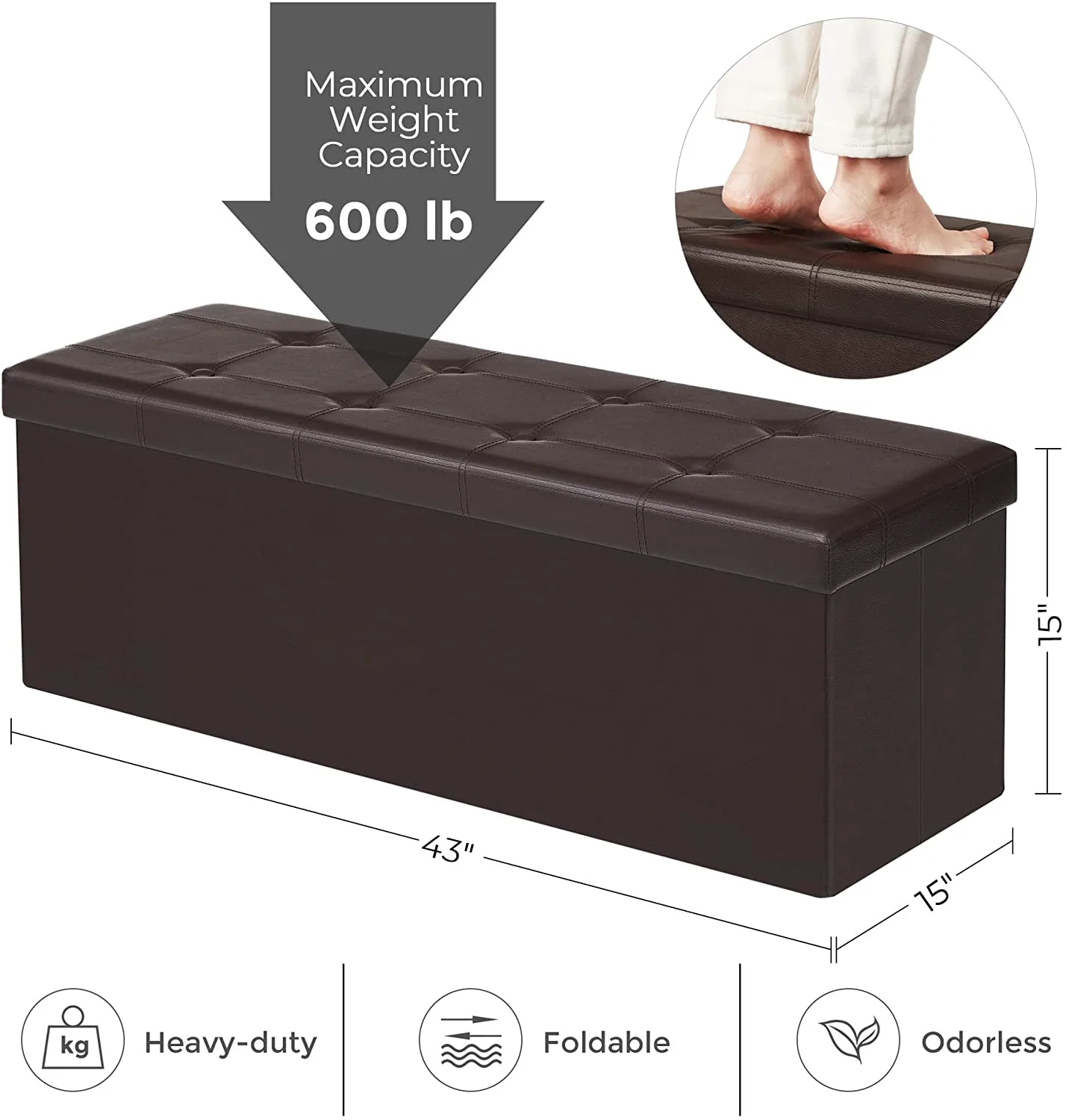 Brown Foldable Storage Ottoman Bench