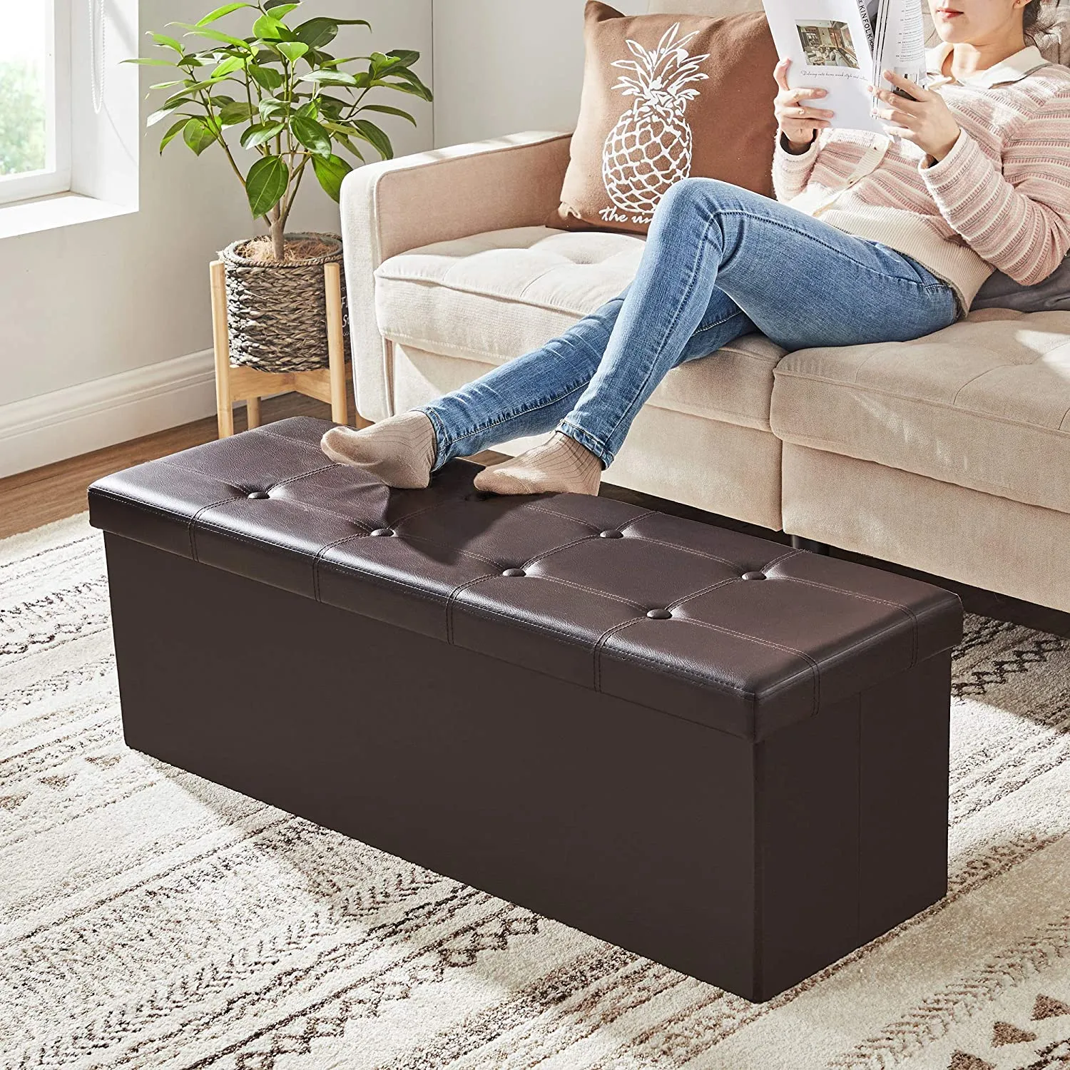 Brown Foldable Storage Ottoman Bench