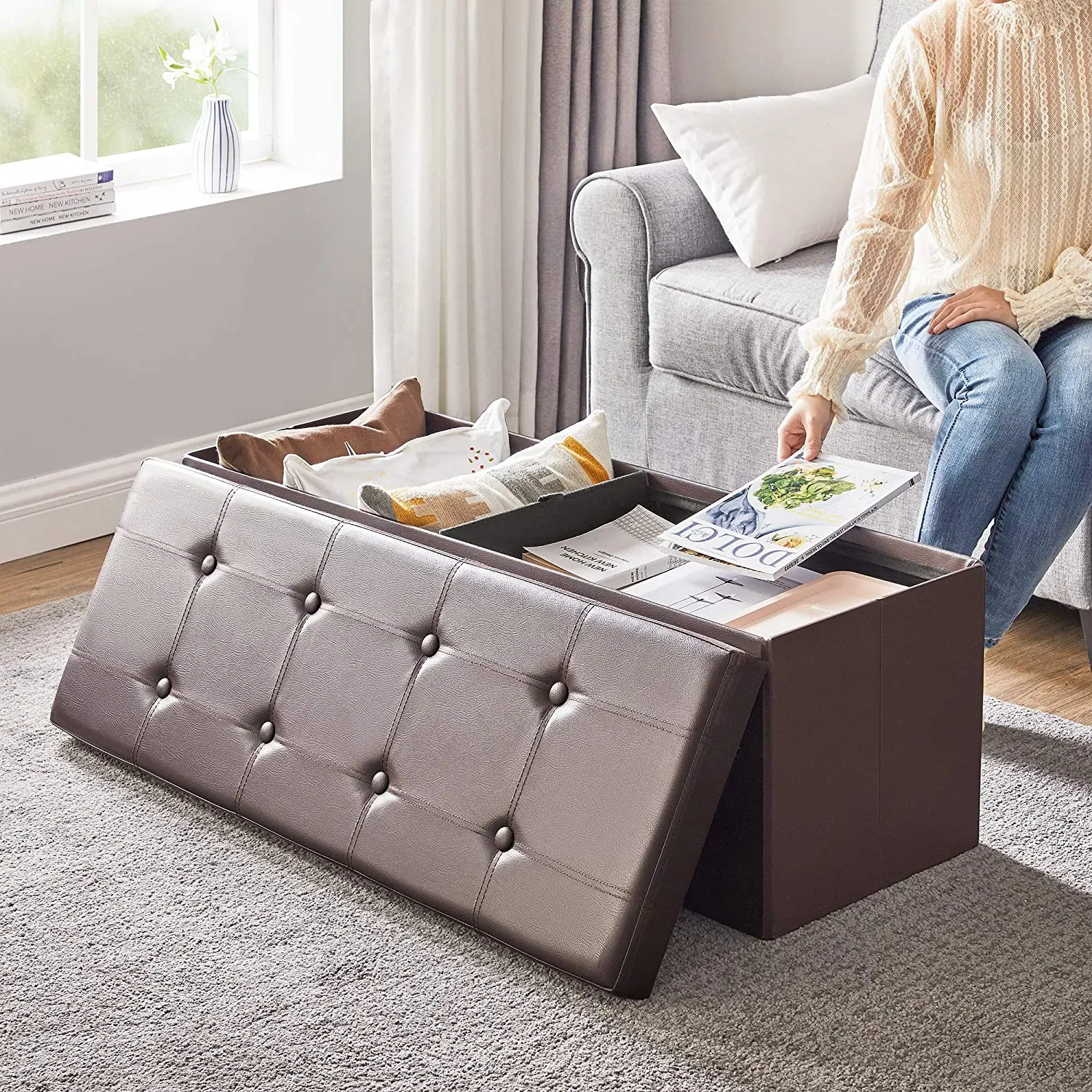 Brown Foldable Storage Ottoman Bench