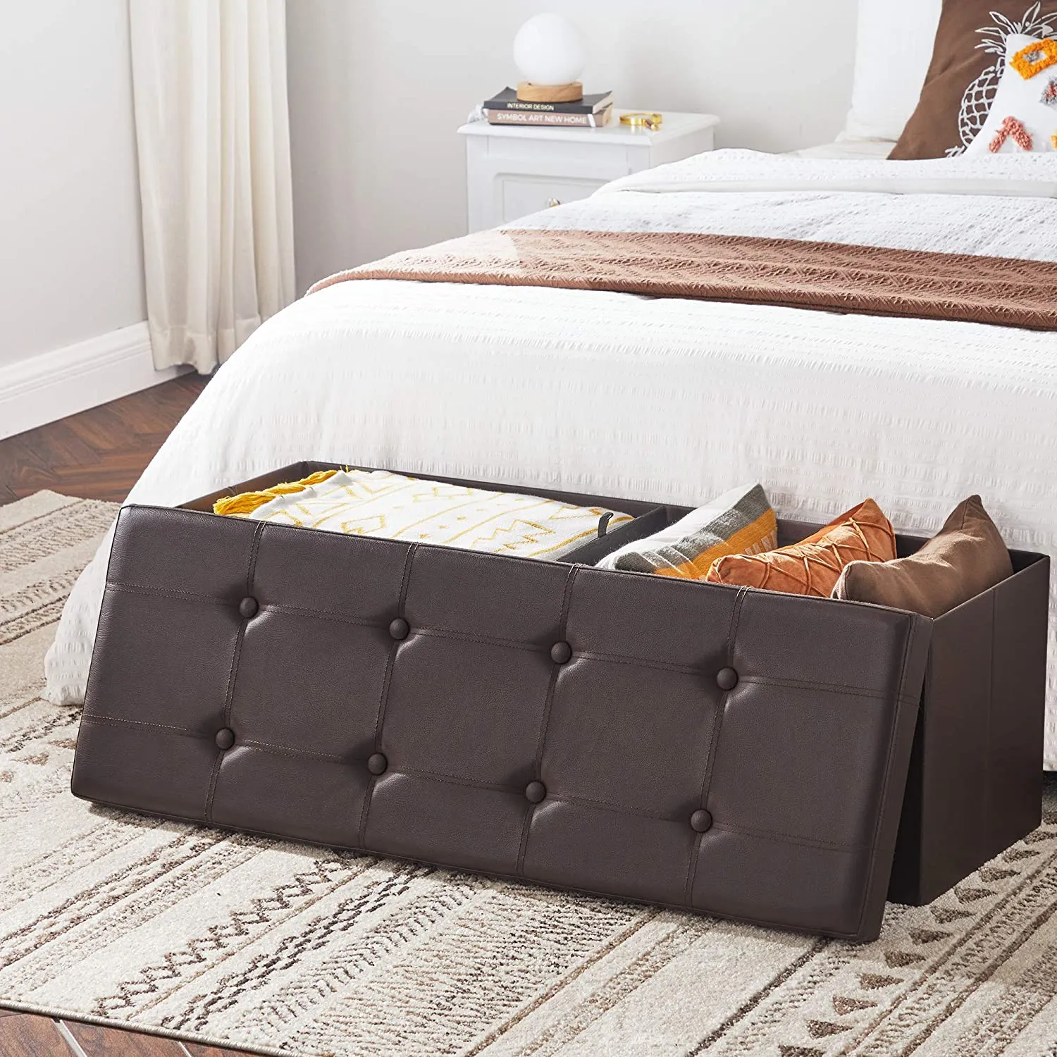 Brown Foldable Storage Ottoman Bench