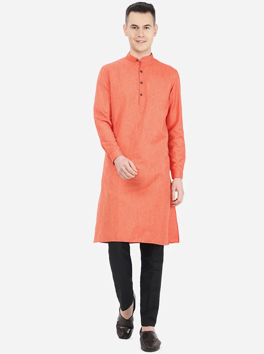 Carrot Red Self Textured Regular Fit Modi Kurta | Modi Kurta