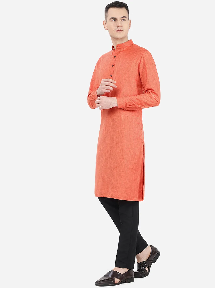 Carrot Red Self Textured Regular Fit Modi Kurta | Modi Kurta