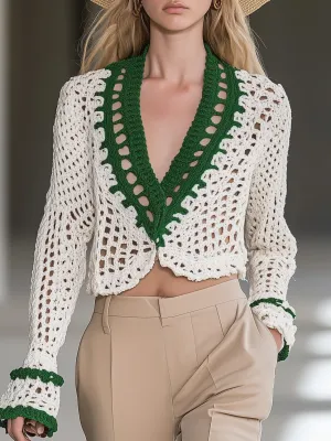 Casual Elegant Contrast Crochet Long Sleeve Top