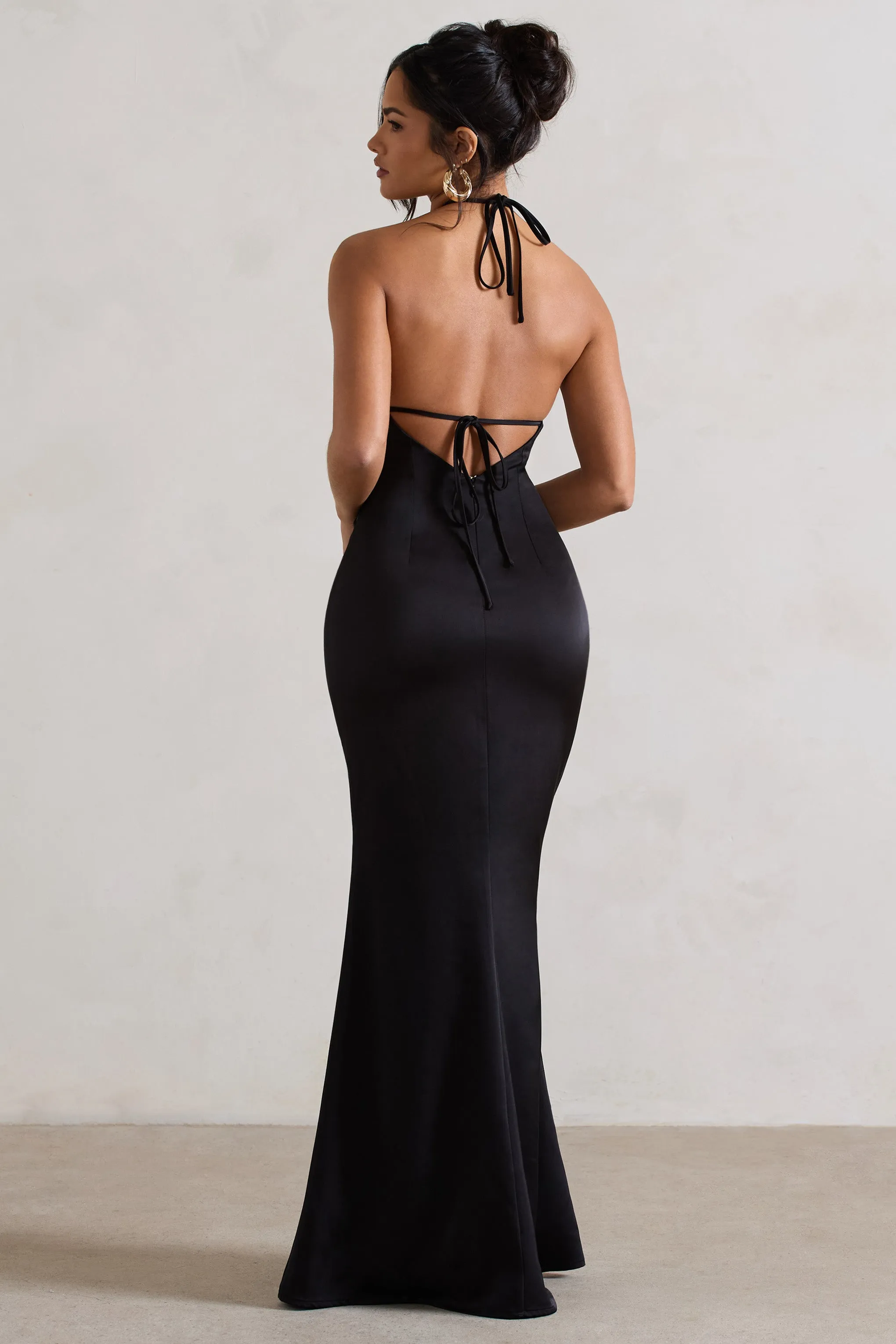 Cesca | Black Satin Halter-Neck Maxi Dress With Flower Corsage