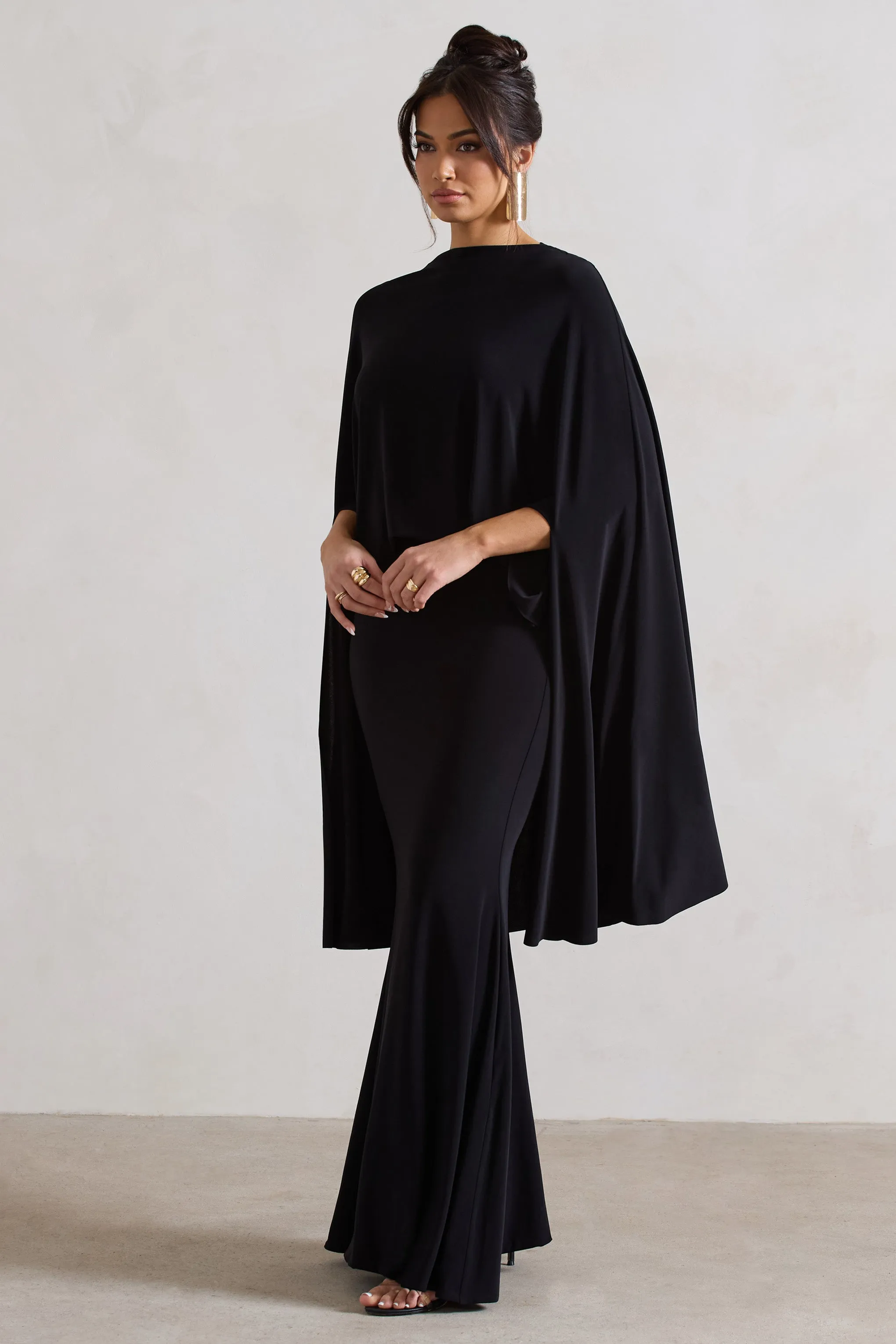 Charmaine | Black High-Neck Maxi Dress With Cape