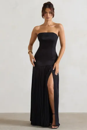 Confidence | Black Satin Bandeau Pleated Split Maxi Dress