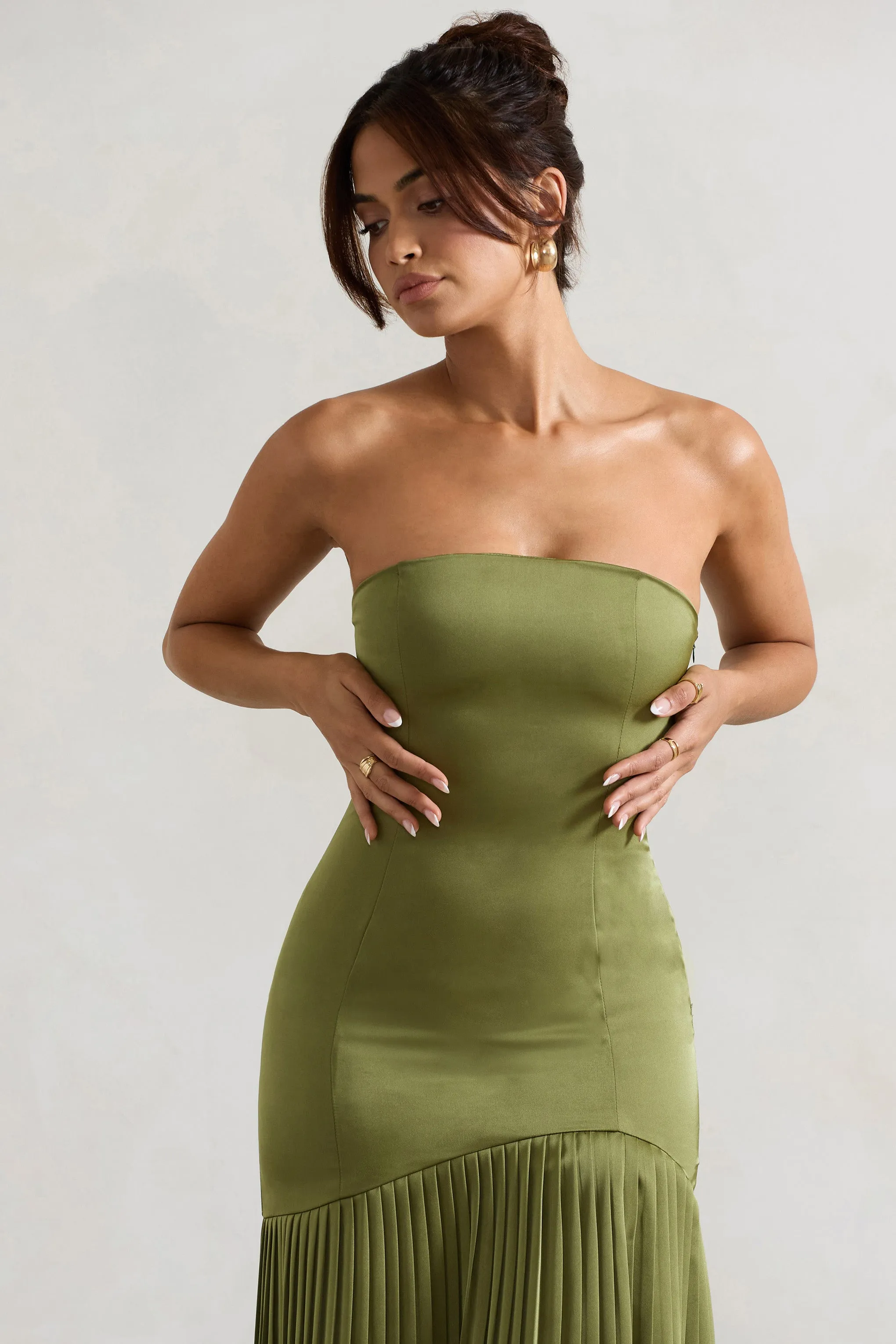 Confidence | Olive Satin Bandeau Pleated Split Maxi Dress