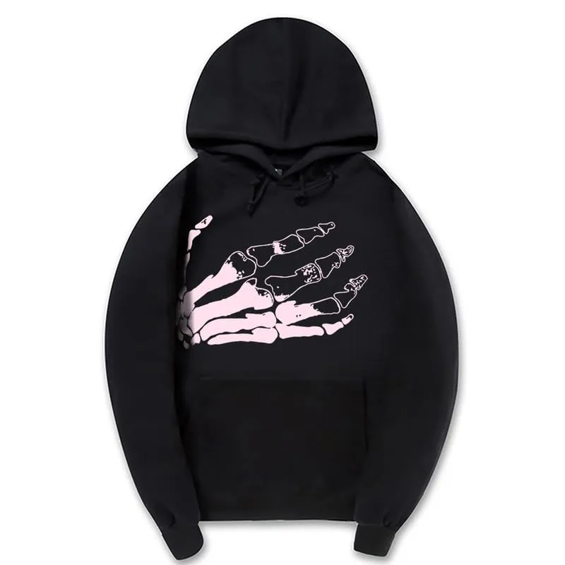 CORIRESHA Halloween Skeleton Palm Print Hoodie Casual Long Sleeve Drawstring Basic Unisex Sweatshirt