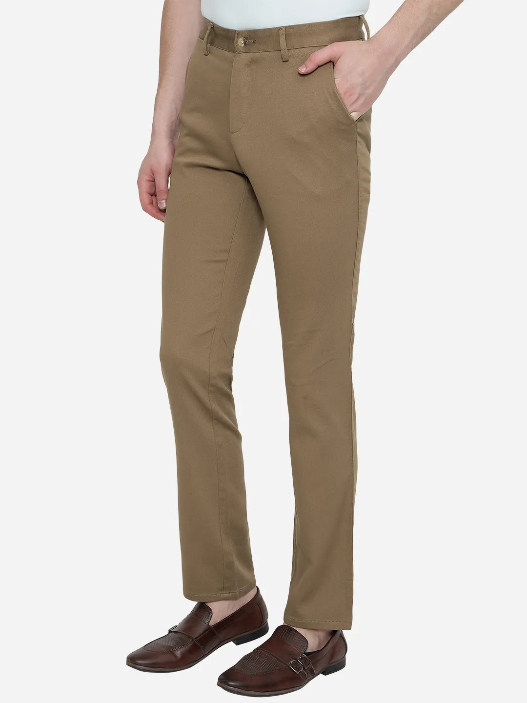 Dark Khaki Solid Slim Fit Casual Trouser | Greenfibre