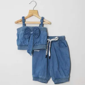 Denim Bow Crop Top With Joggers Co-Ord Set-Light & Dark Blue