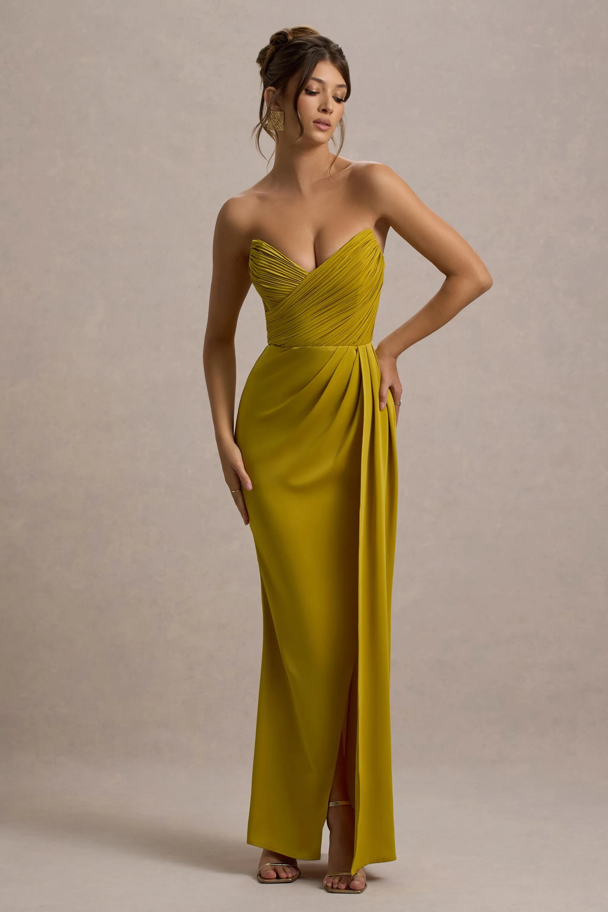 Edel | Mustard Satin Strapless Maxi Dress With Drape