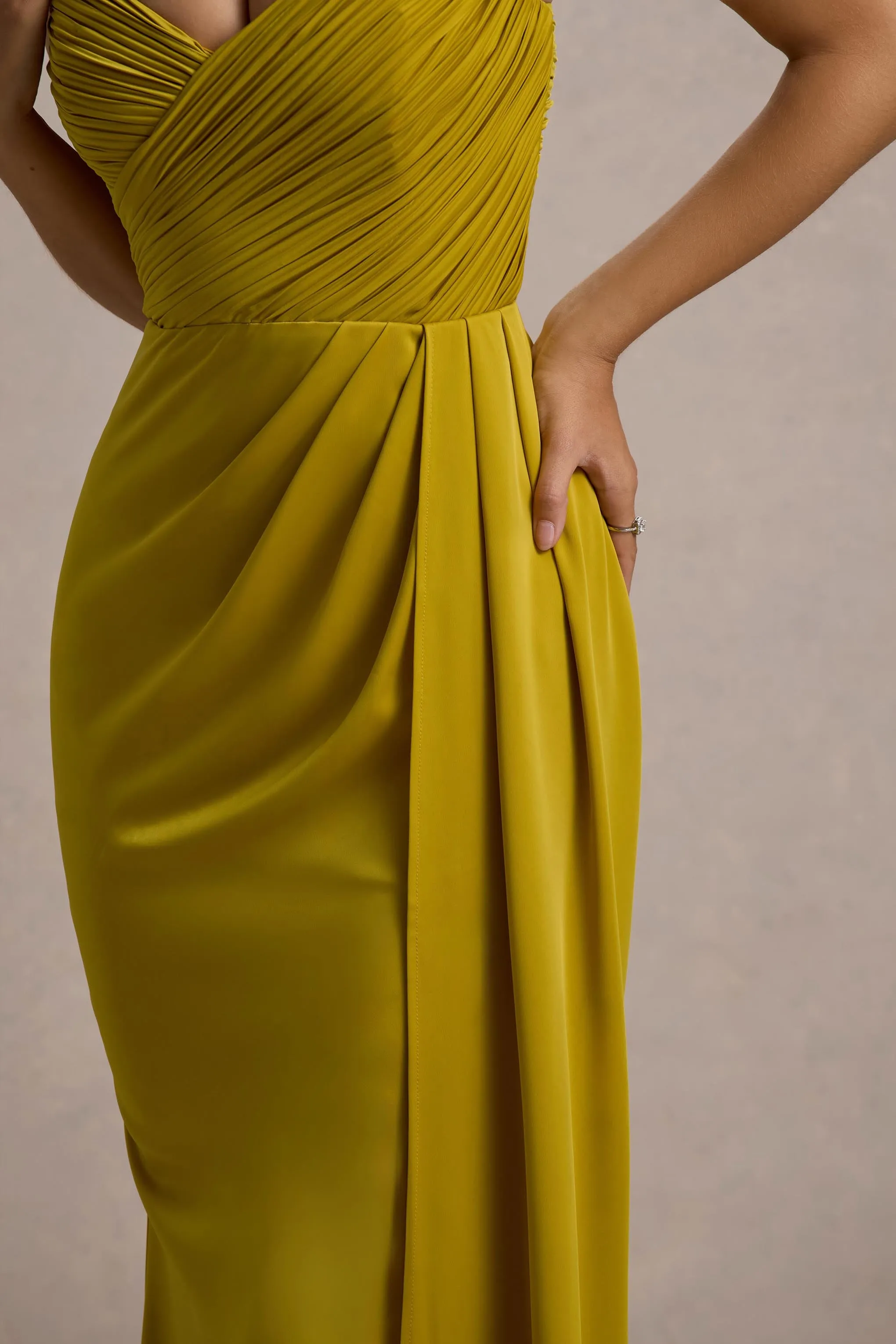 Edel | Mustard Satin Strapless Maxi Dress With Drape