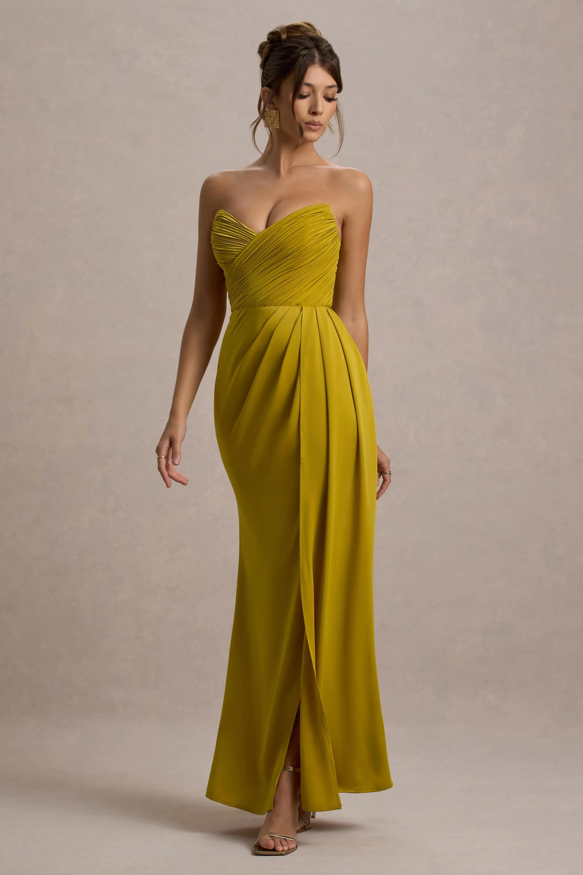 Edel | Mustard Satin Strapless Maxi Dress With Drape