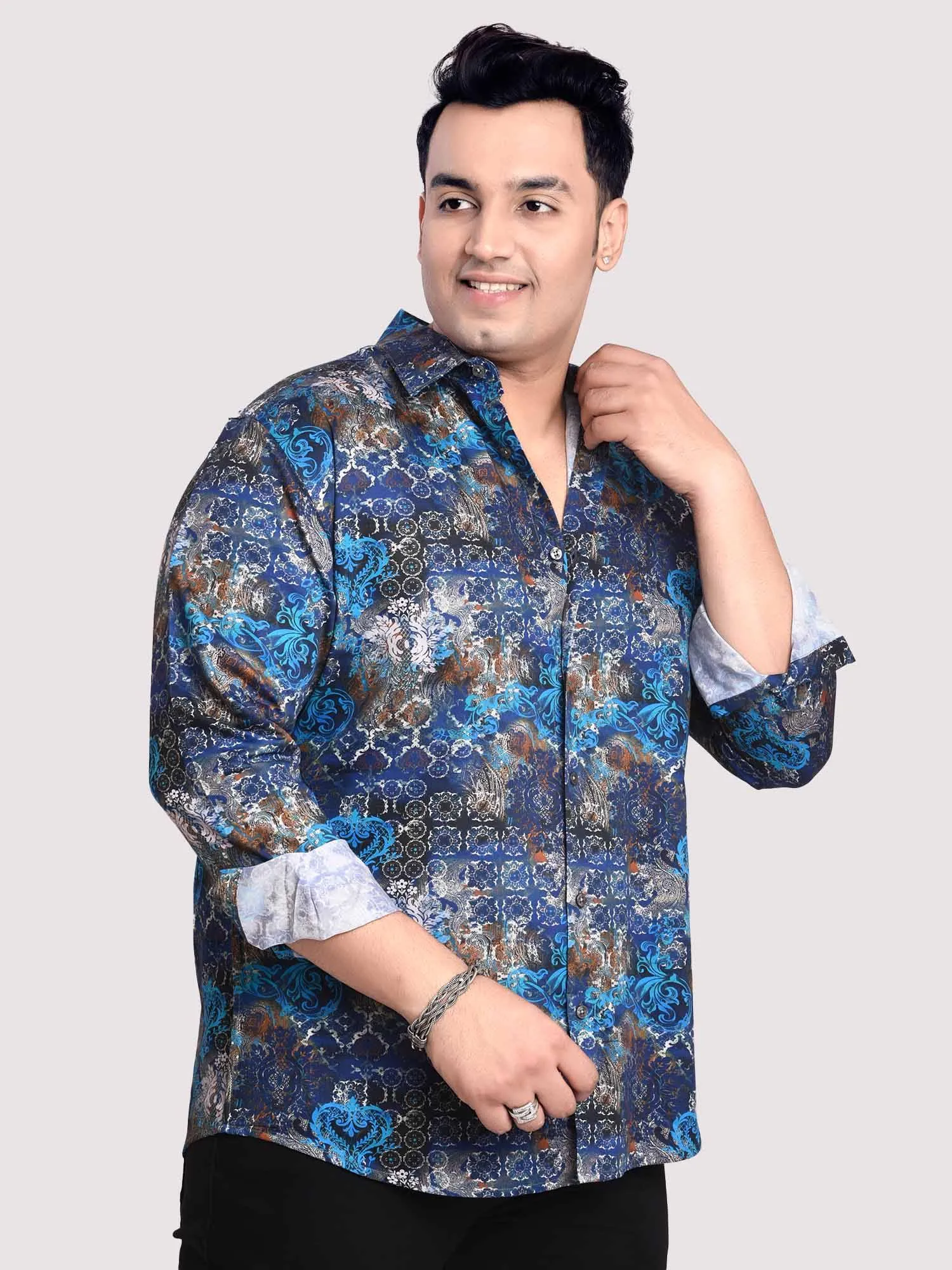 Electric Blue Mandal Printed Cotton Full sleeve Men's Plus size