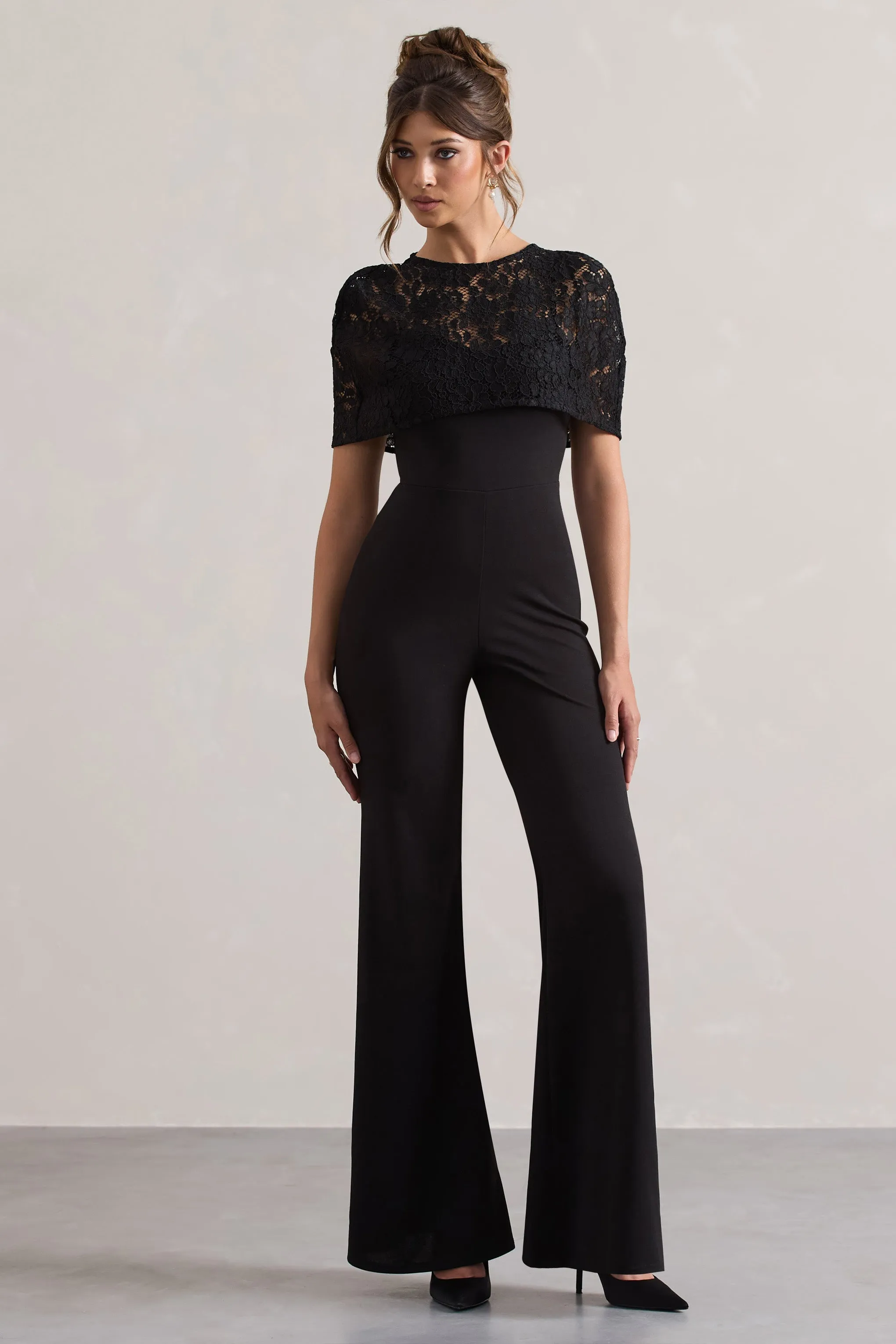 Endless | Black Flared-Leg Jumpsuit With Lace Overlay