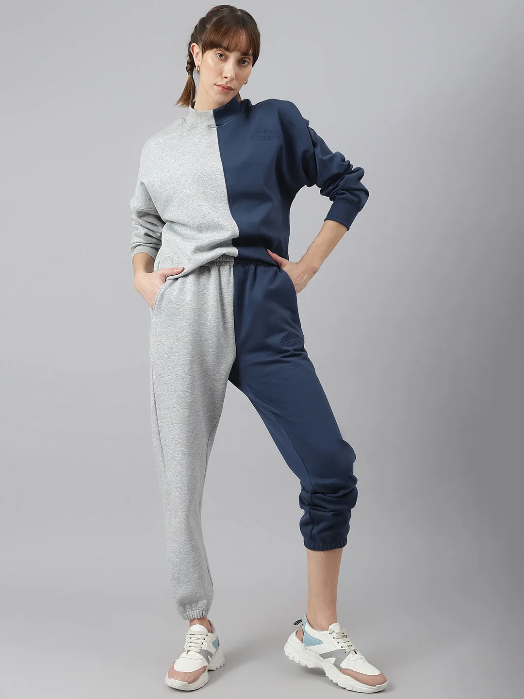 Fitkin Women Colourblocked Solid Oversized Fleece Jogger Pants