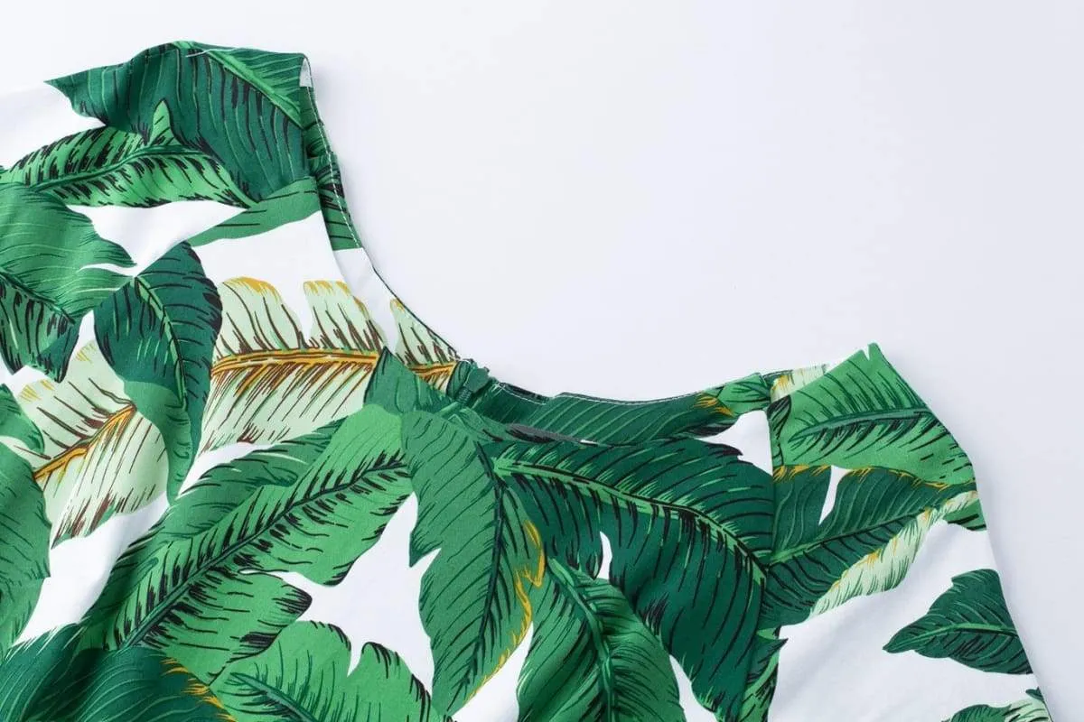 Green Palm Leaves Scoop Neck Vintage Dress