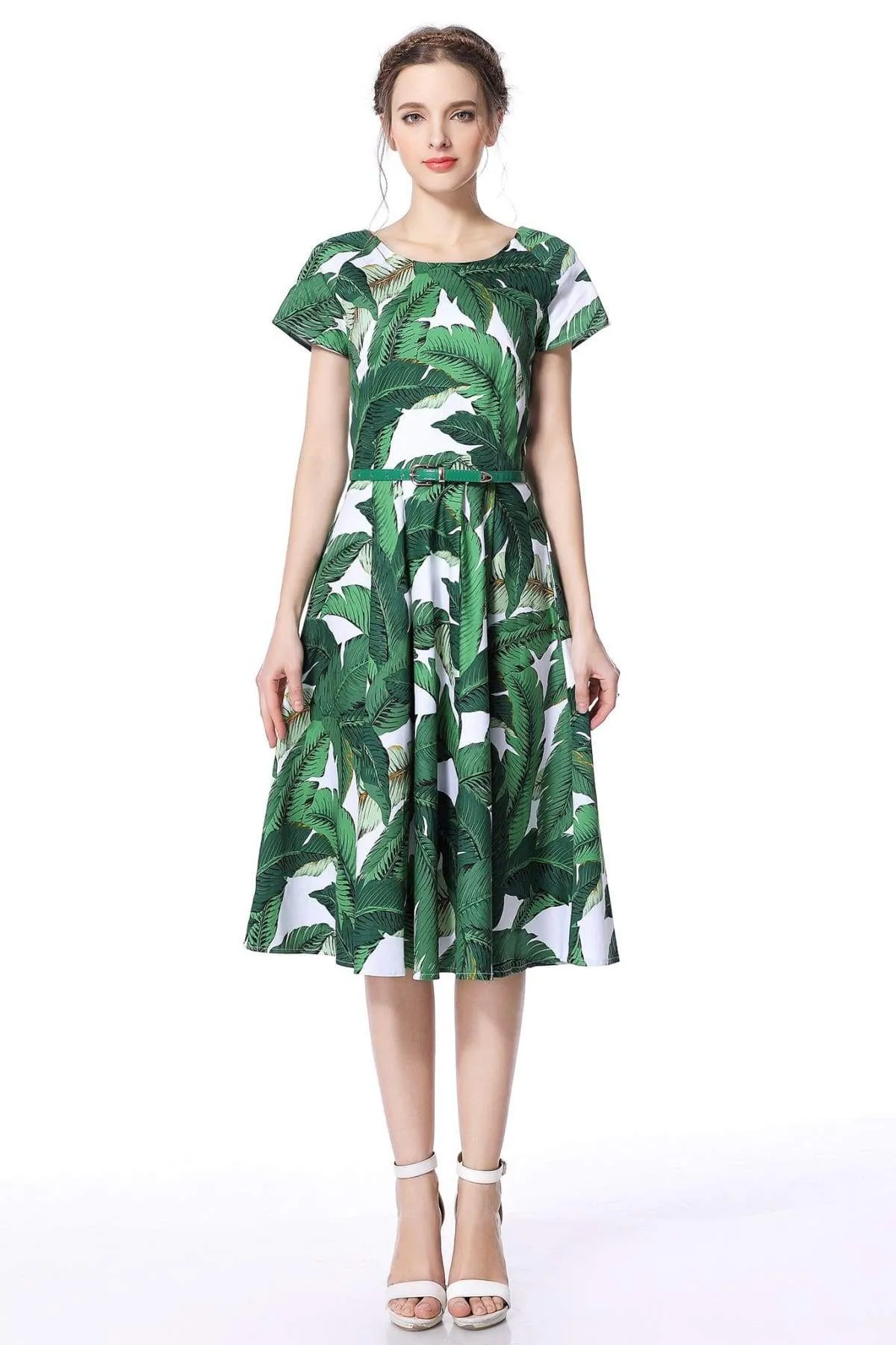 Green Palm Leaves Scoop Neck Vintage Dress