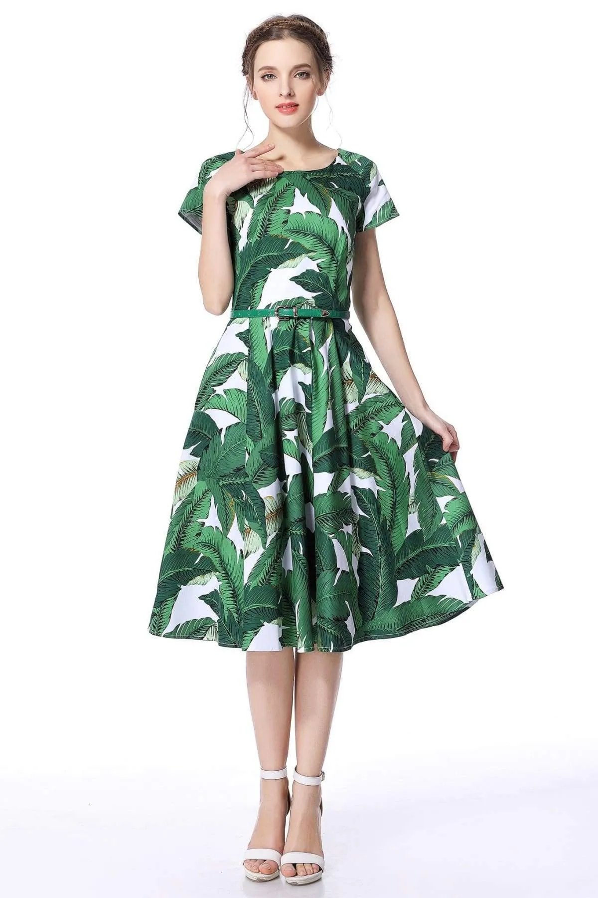 Green Palm Leaves Scoop Neck Vintage Dress