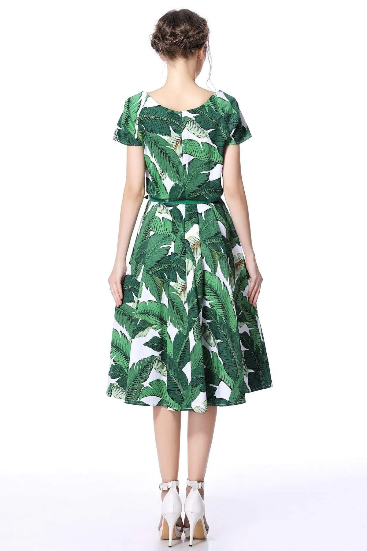 Green Palm Leaves Scoop Neck Vintage Dress