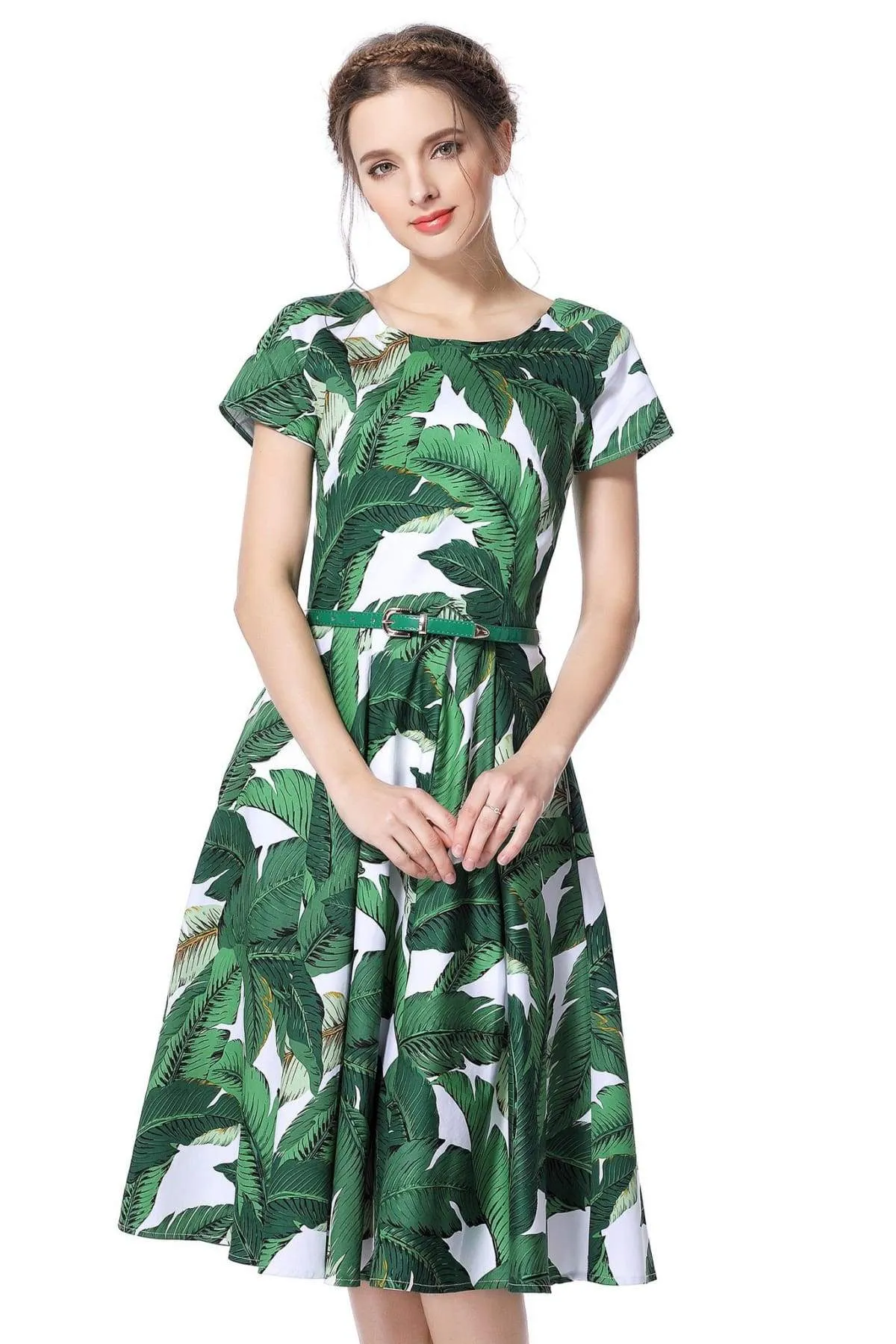 Green Palm Leaves Scoop Neck Vintage Dress