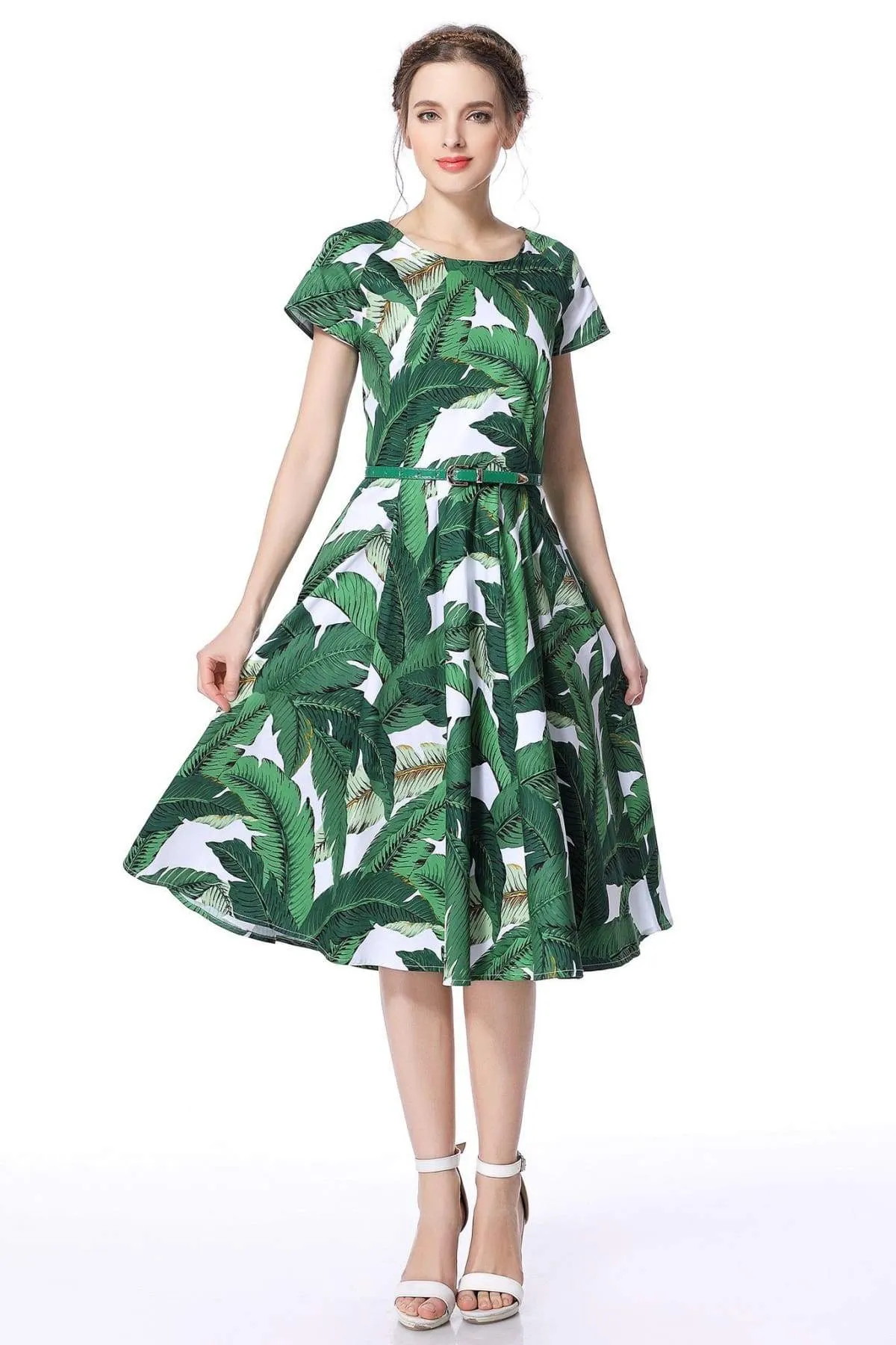 Green Palm Leaves Scoop Neck Vintage Dress