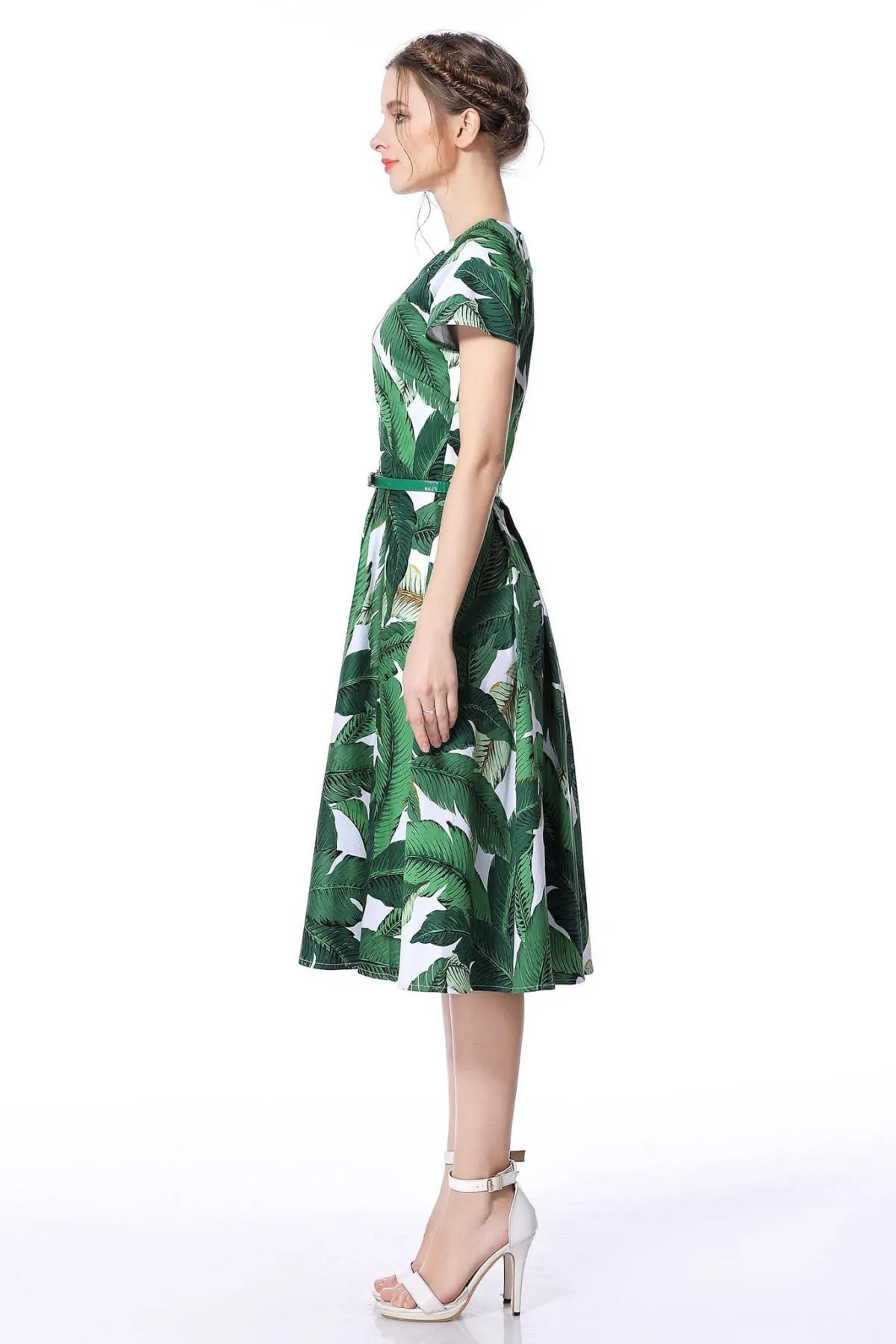 Green Palm Leaves Scoop Neck Vintage Dress