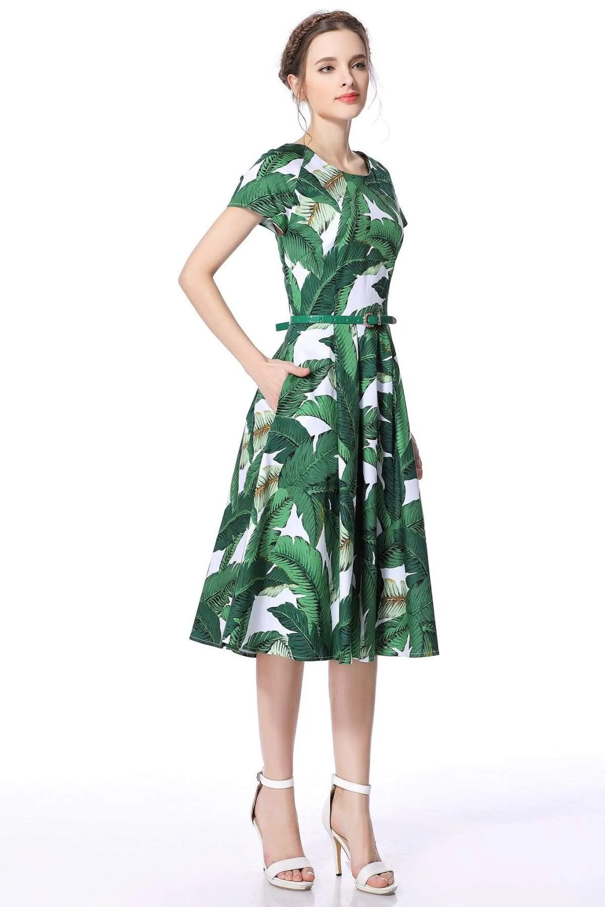 Green Palm Leaves Scoop Neck Vintage Dress