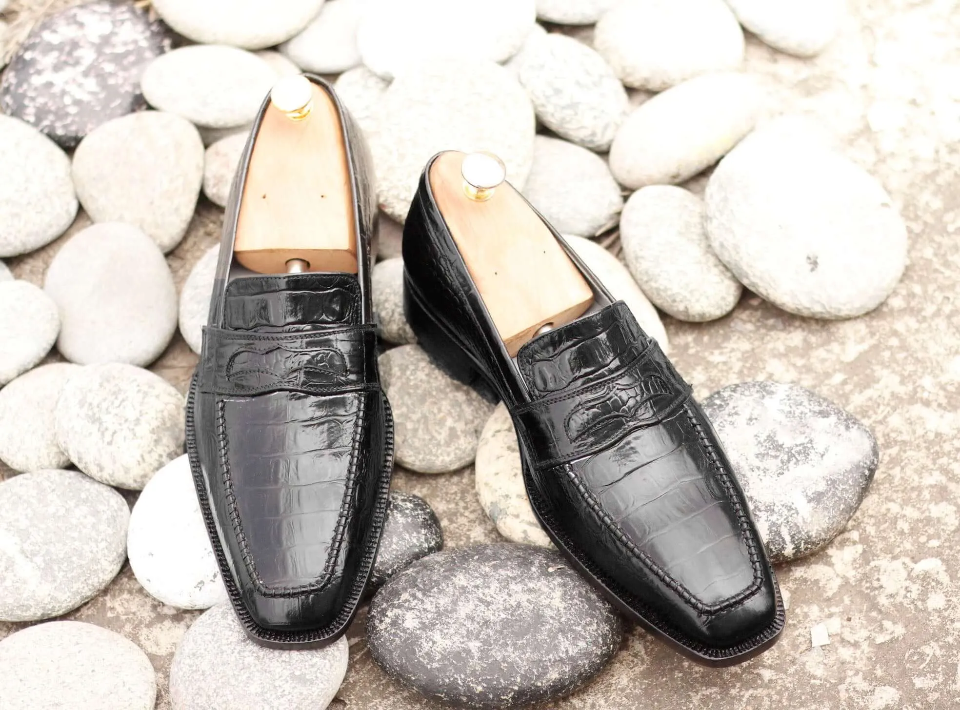 Handmade Men's Black Alligator Textured Leather Penny Loafers, Men Dress Formal Driving Shoes