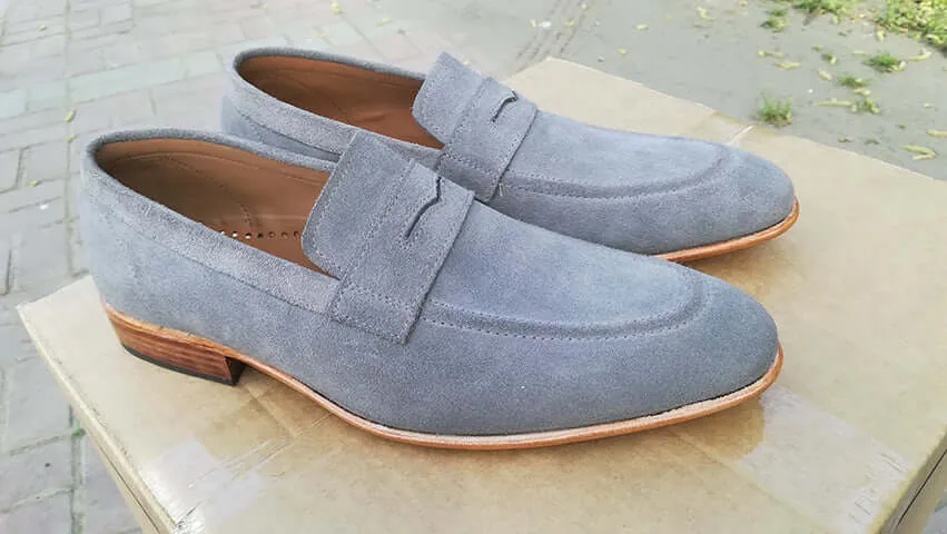 Handmade Men's Gray Suede Penny Loafers, Men Designer Dress Luxury Shoes