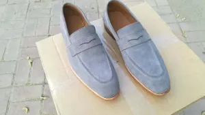 Handmade Men's Gray Suede Penny Loafers, Men Designer Dress Luxury Shoes