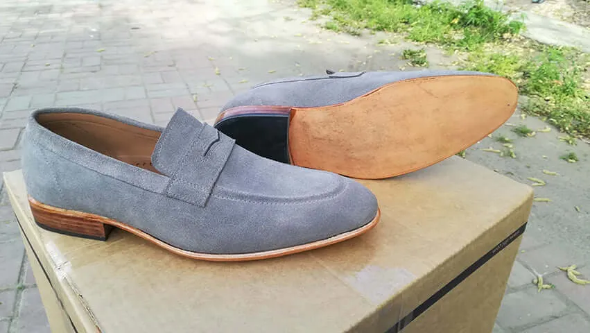 Handmade Men's Gray Suede Penny Loafers, Men Designer Dress Luxury Shoes