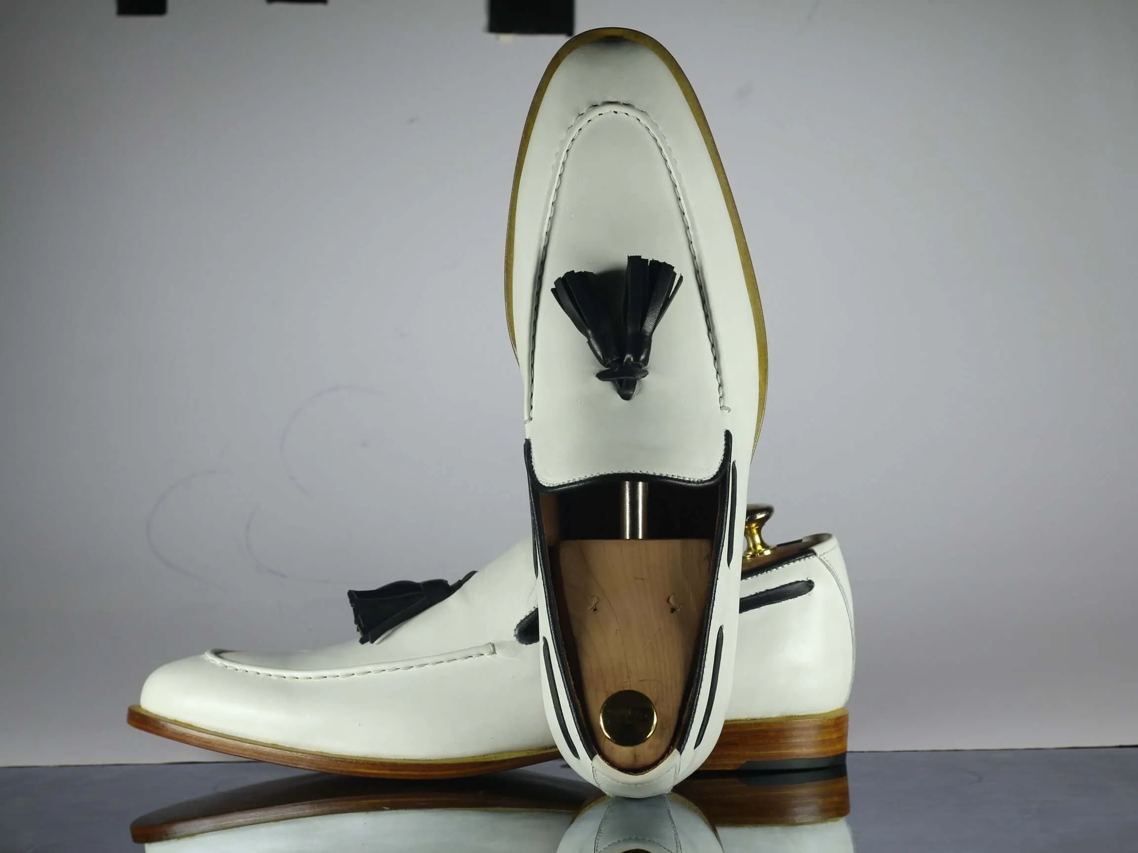 Handmade Men's Two Tone Black White Leather Round Toe Tassel Loafer Shoes, Men Designer Dress Formal Luxury Shoes