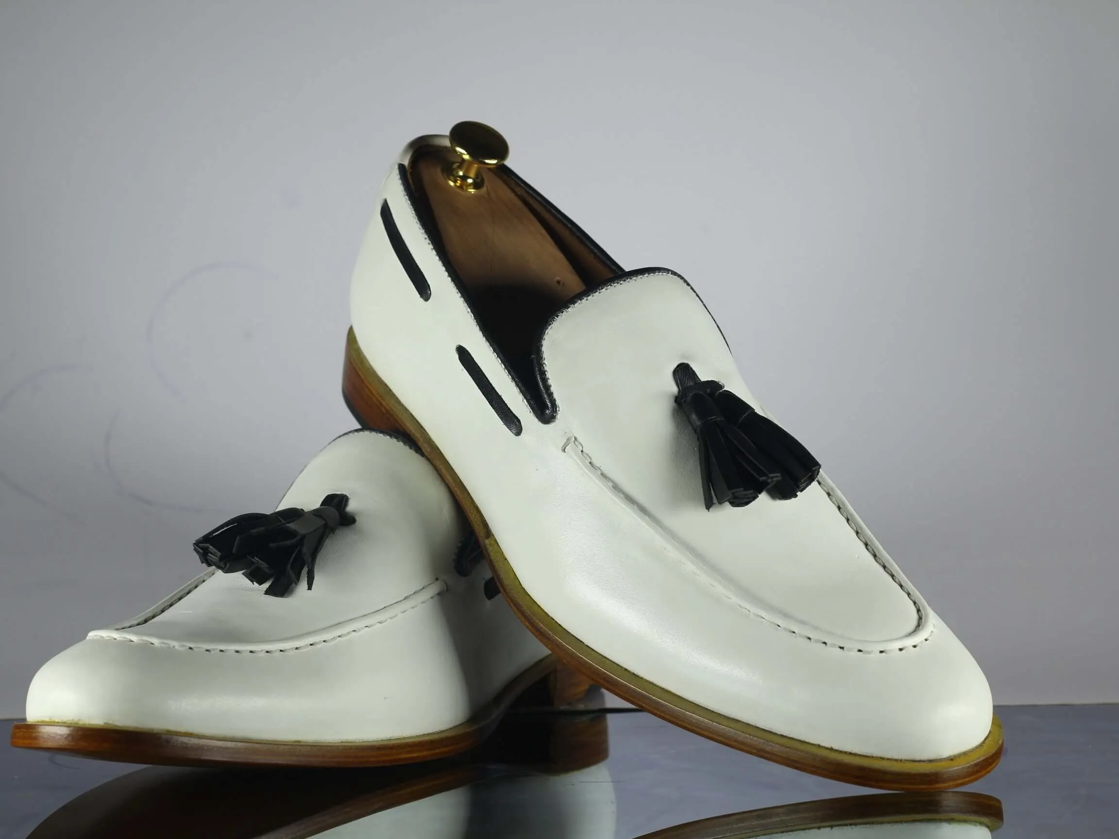 Handmade Men's Two Tone Black White Leather Round Toe Tassel Loafer Shoes, Men Designer Dress Formal Luxury Shoes