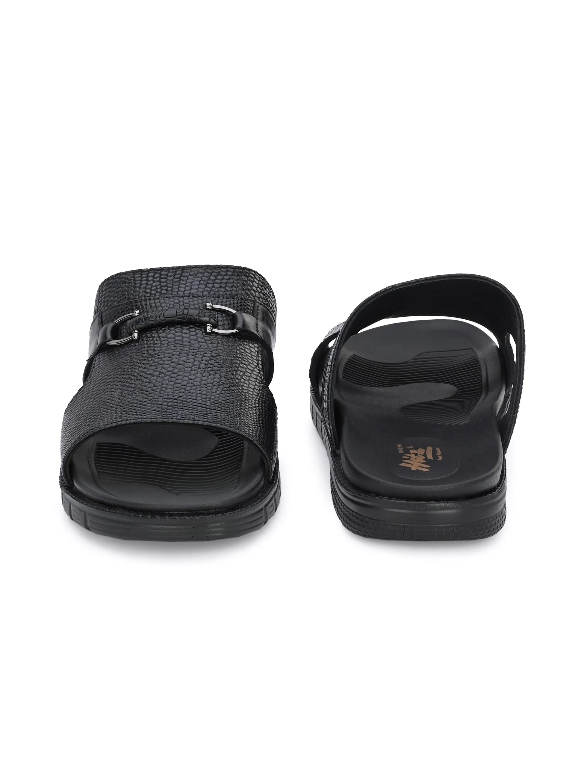 Hitz Men's Black Leather Indoor Outdoor Open Toe Slippers