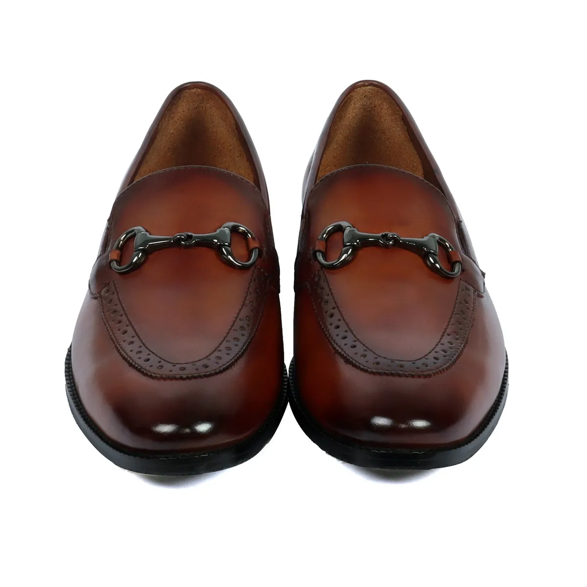 Horse-bit Detailing Leather Loafers Tan Punching Brogue Design