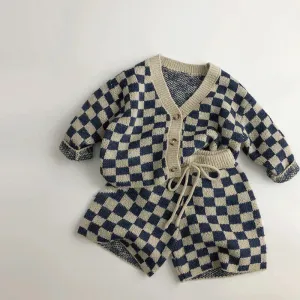 Kids Knitted Plaid Sweater and Shorts Set