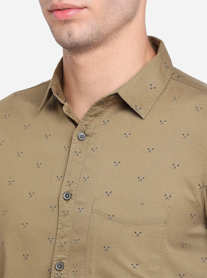 Light Brown Printed Slim Fit Semi Casual Shirt | JadeBlue