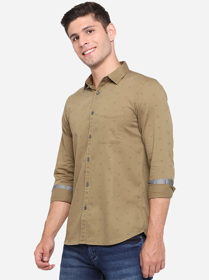 Light Brown Printed Slim Fit Semi Casual Shirt | JadeBlue