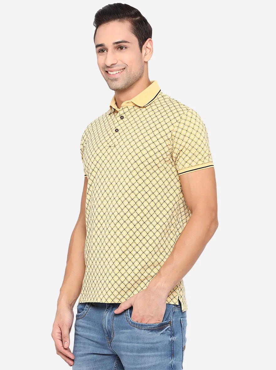 Light Yellow Printed Slim Fit Polo T-Shirt | JadeBlue